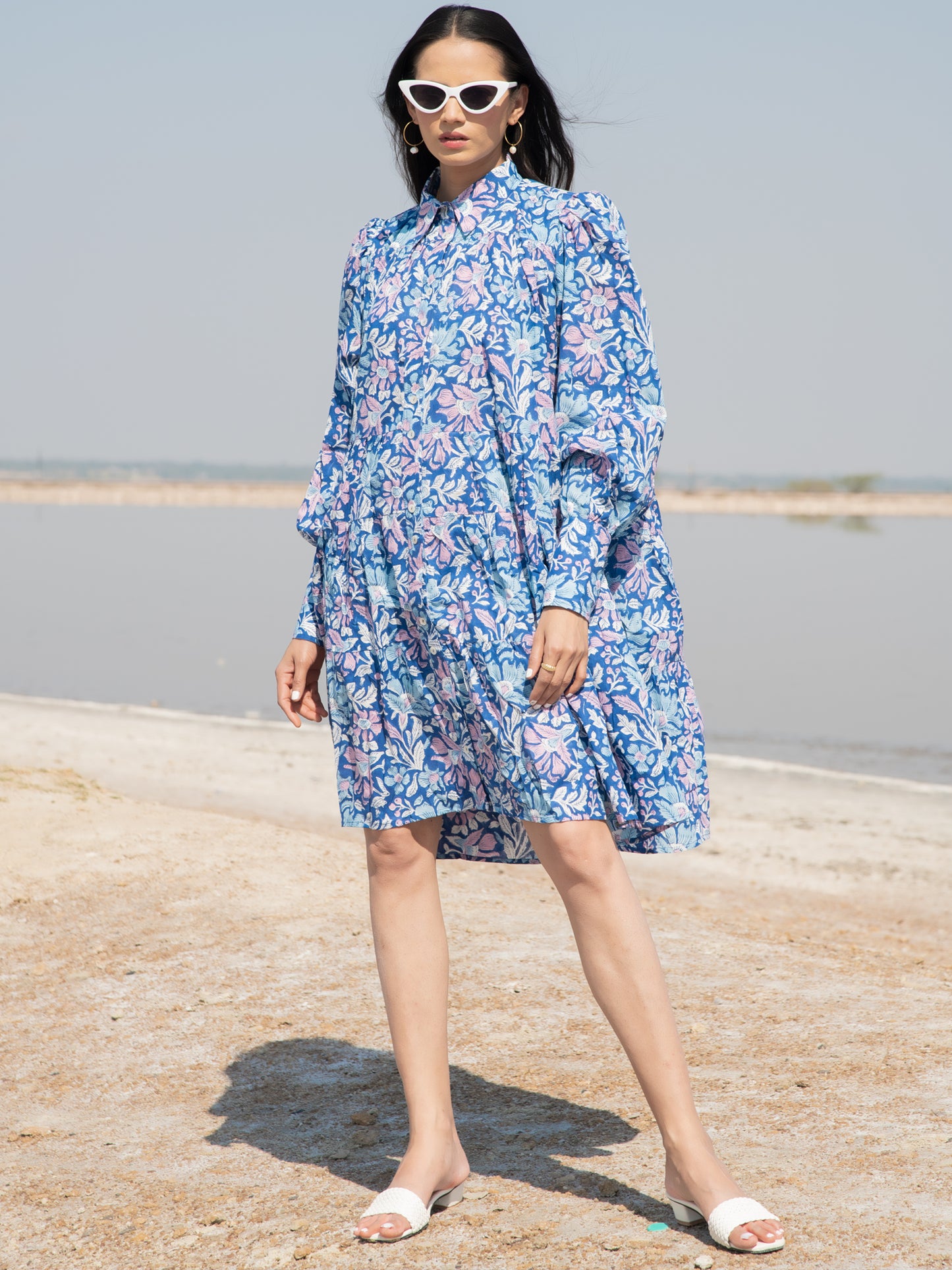 Blue Lagoon Short Tier Dress - Blue Hand Block Printed Short Dress