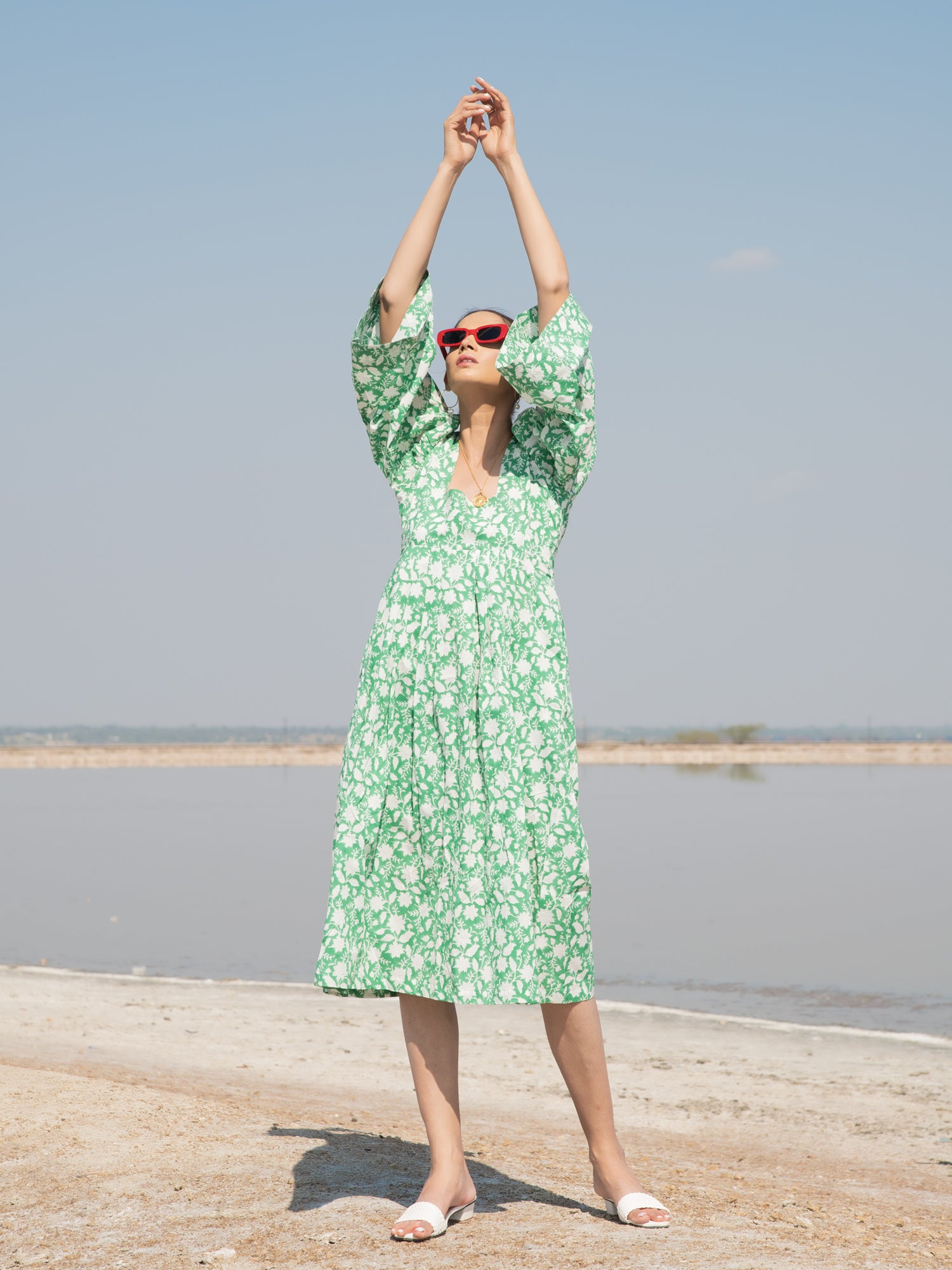 Green Basille Victoria Dress - Green Hand Block Printed Cotton Dress Marche Green Basille Victoria Dress - Green Hand Block Printed Cotton Dress Marche