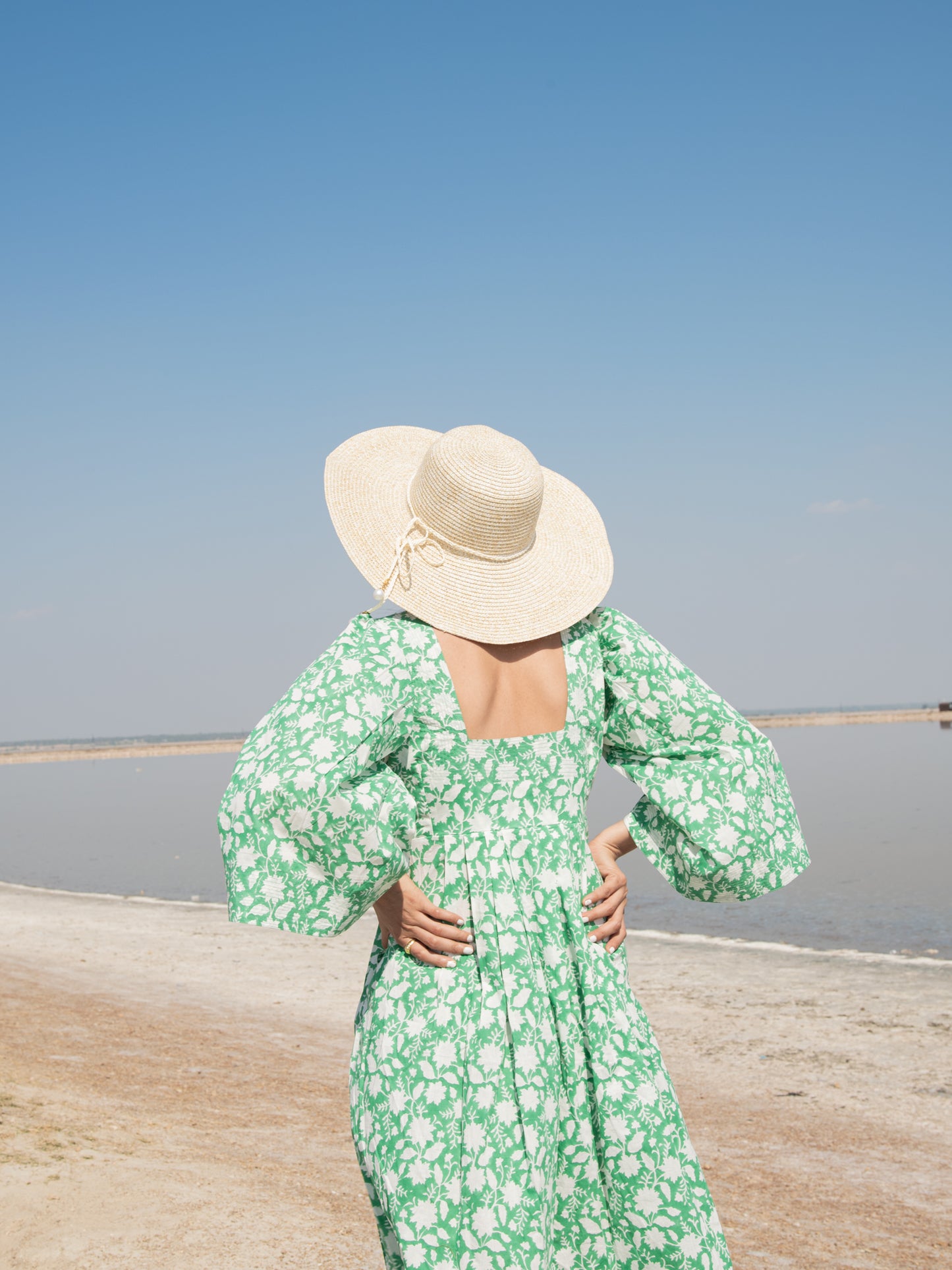 Green Basille Victoria Dress - Green Hand Block Printed Cotton Dress