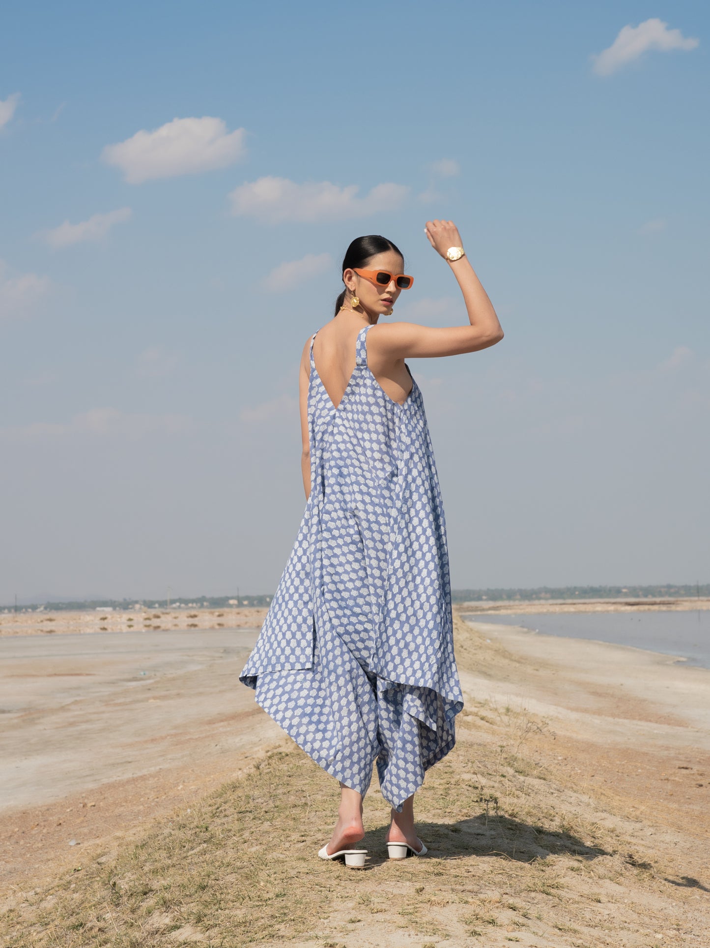 Blue Lotus Drape Jumpsuit - Blue Cotton Hand Block Printed Drape Jumpsuit