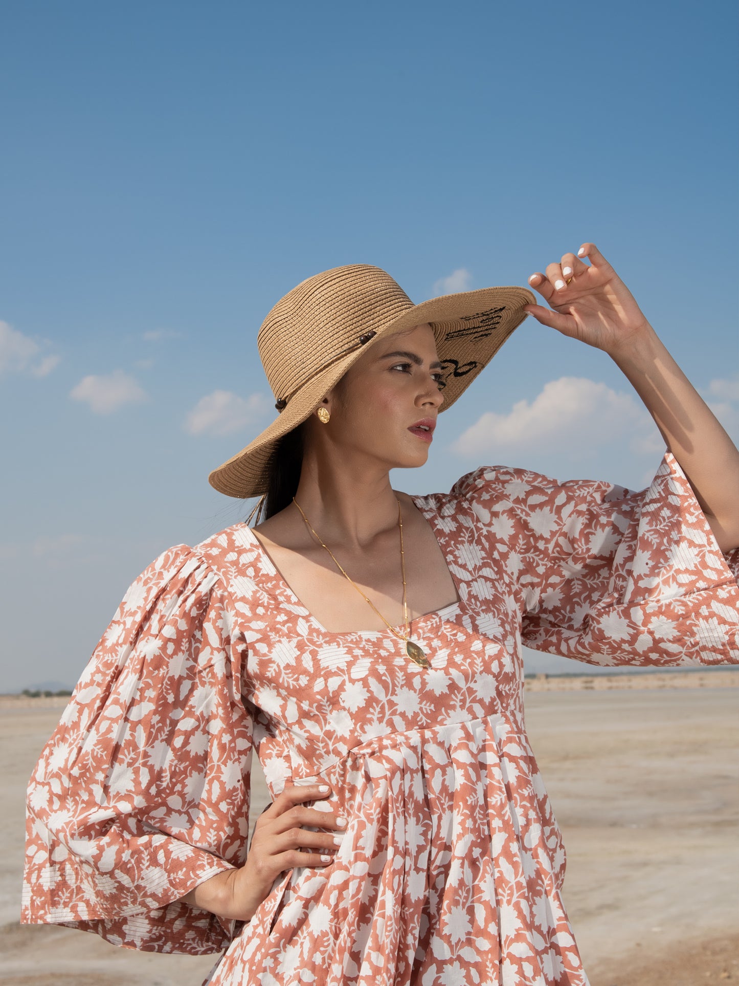 Rust Basille Victoria Dress - Rust Hand Block Printed Cotton Dress