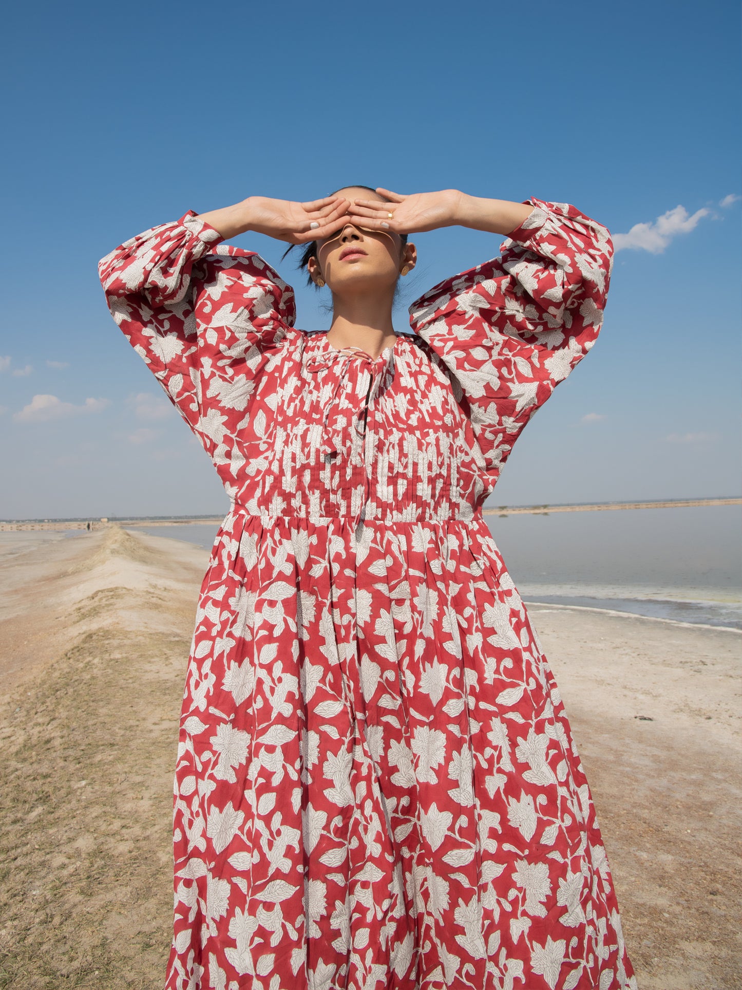 Red Lilies Gather Dress - Red Hand Block Printed Cotton Dress