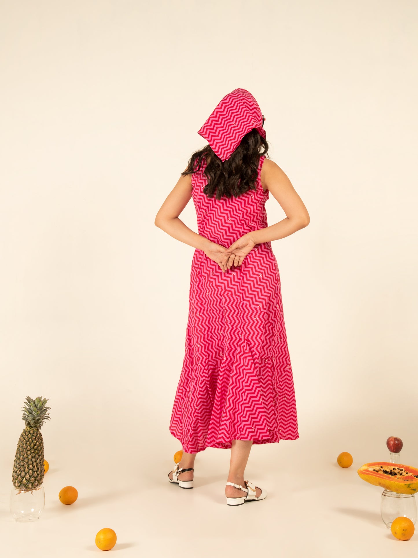 Sophia Pink Flounce Dress - Pink Hand Block Printed Sleeveless Cotton Dress
