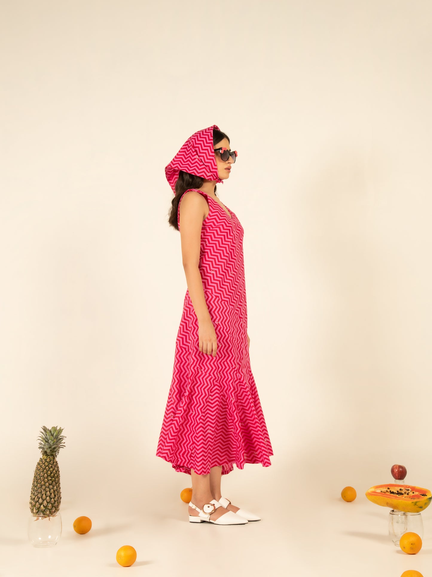 Sophia Pink Flounce Dress - Pink Hand Block Printed Sleeveless Cotton Dress