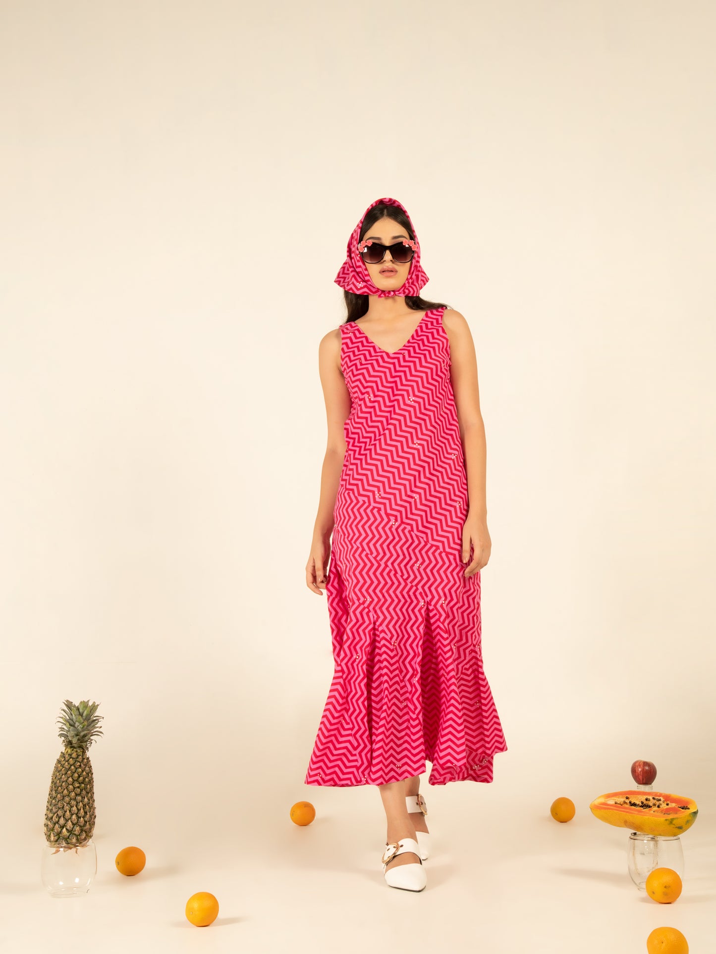 Sophia Pink Flounce Dress - Pink Hand Block Printed Sleeveless Cotton Dress