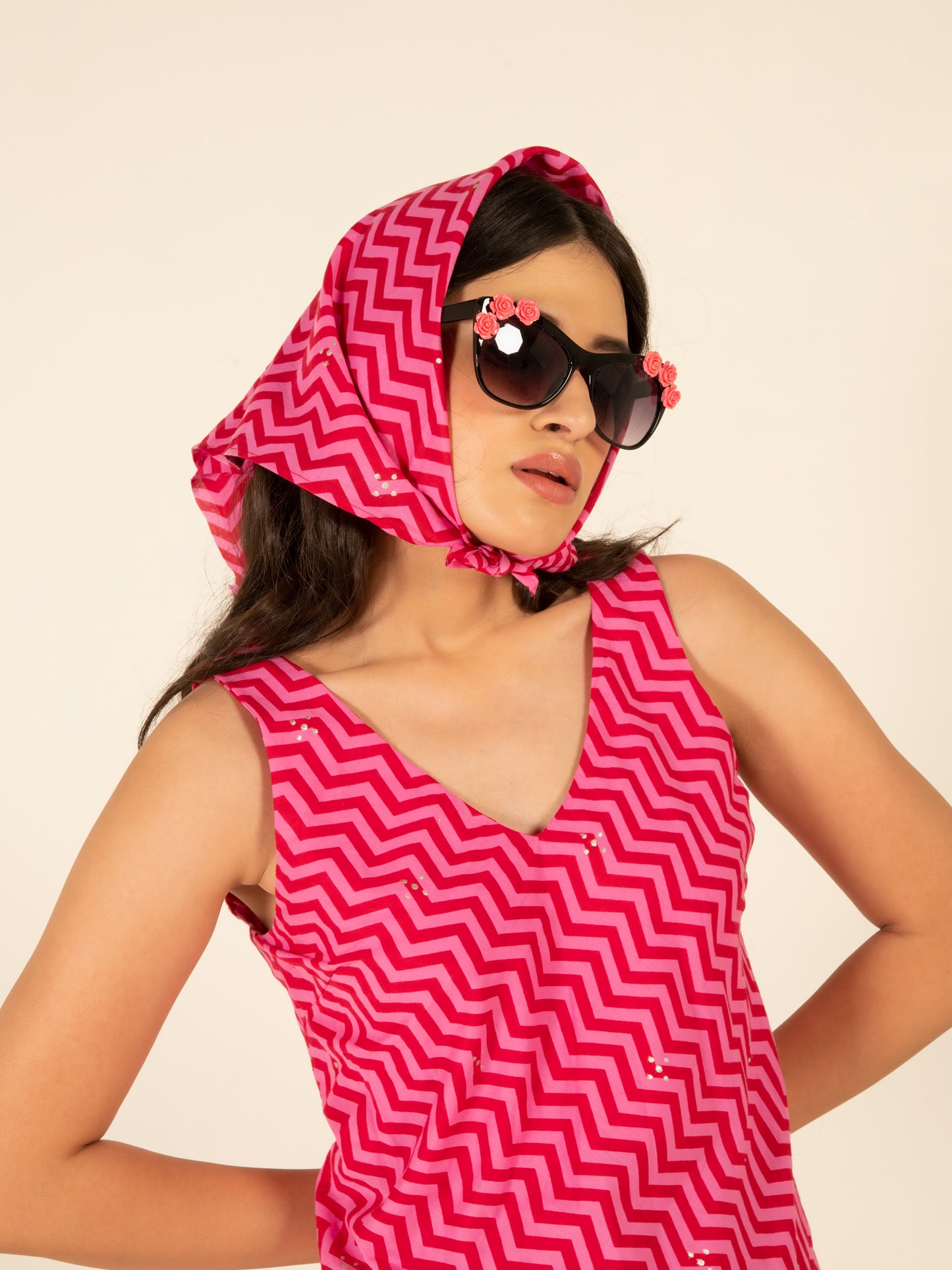Sophia Pink Flounce Dress - Pink Hand Block Printed Sleeveless Cotton Dress