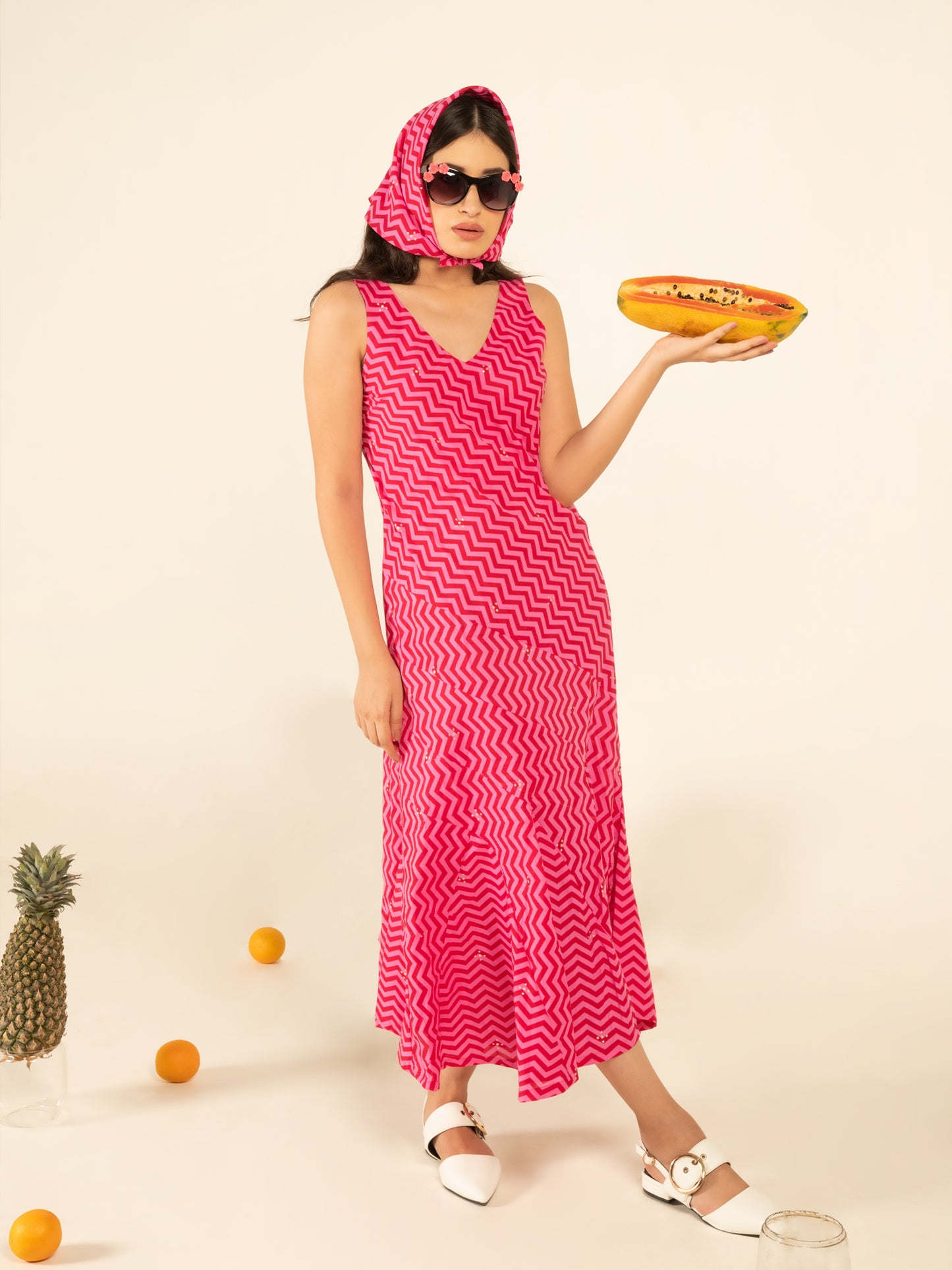 Sophia Pink Flounce Dress - Pink Hand Block Printed Sleeveless Cotton Dress