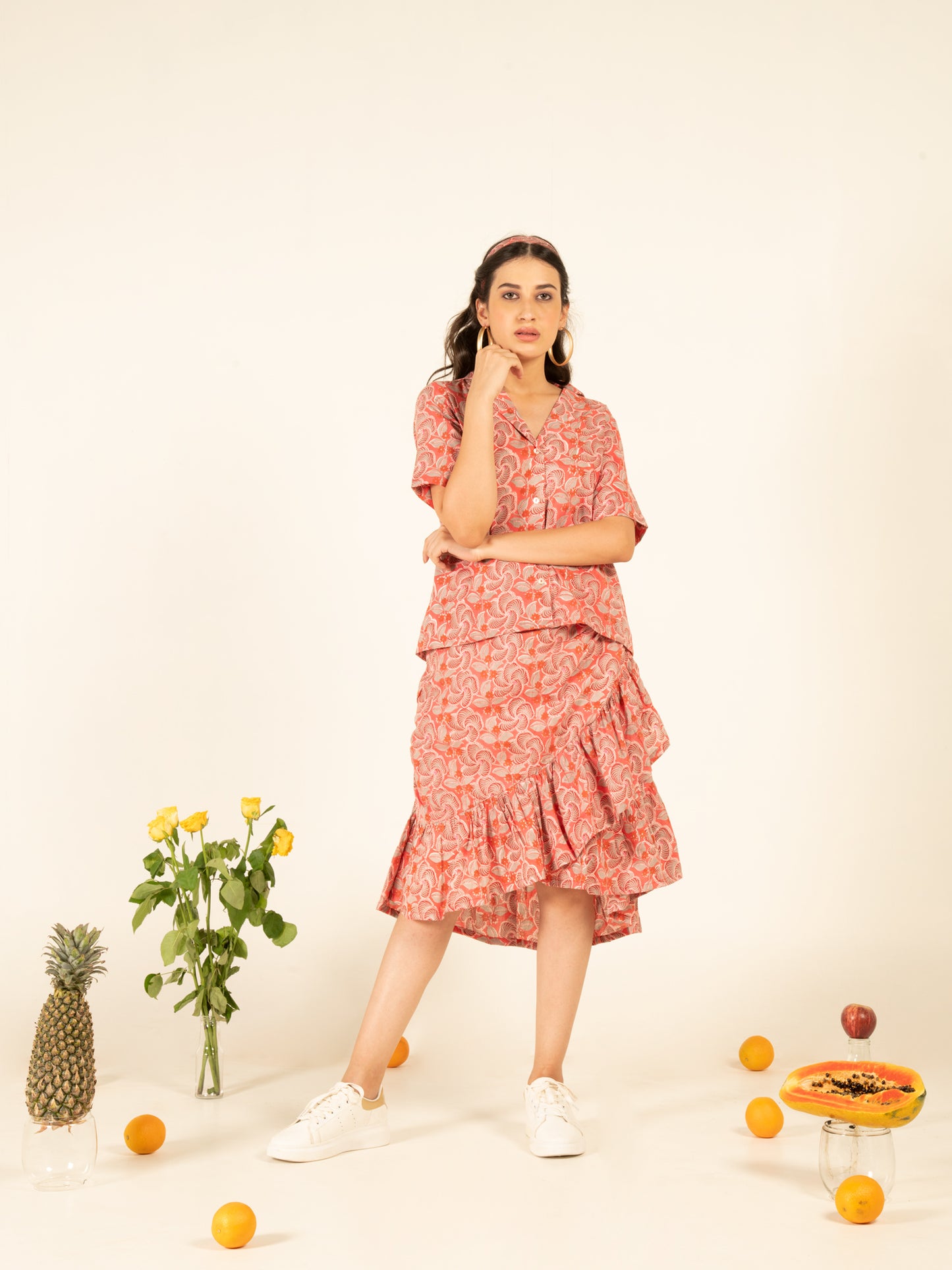 Sacha Flounce Skirt Co-ord - Multicolour Hand Block Printed Cotton Shirt Style Top And Ruffle Detailed Skirt