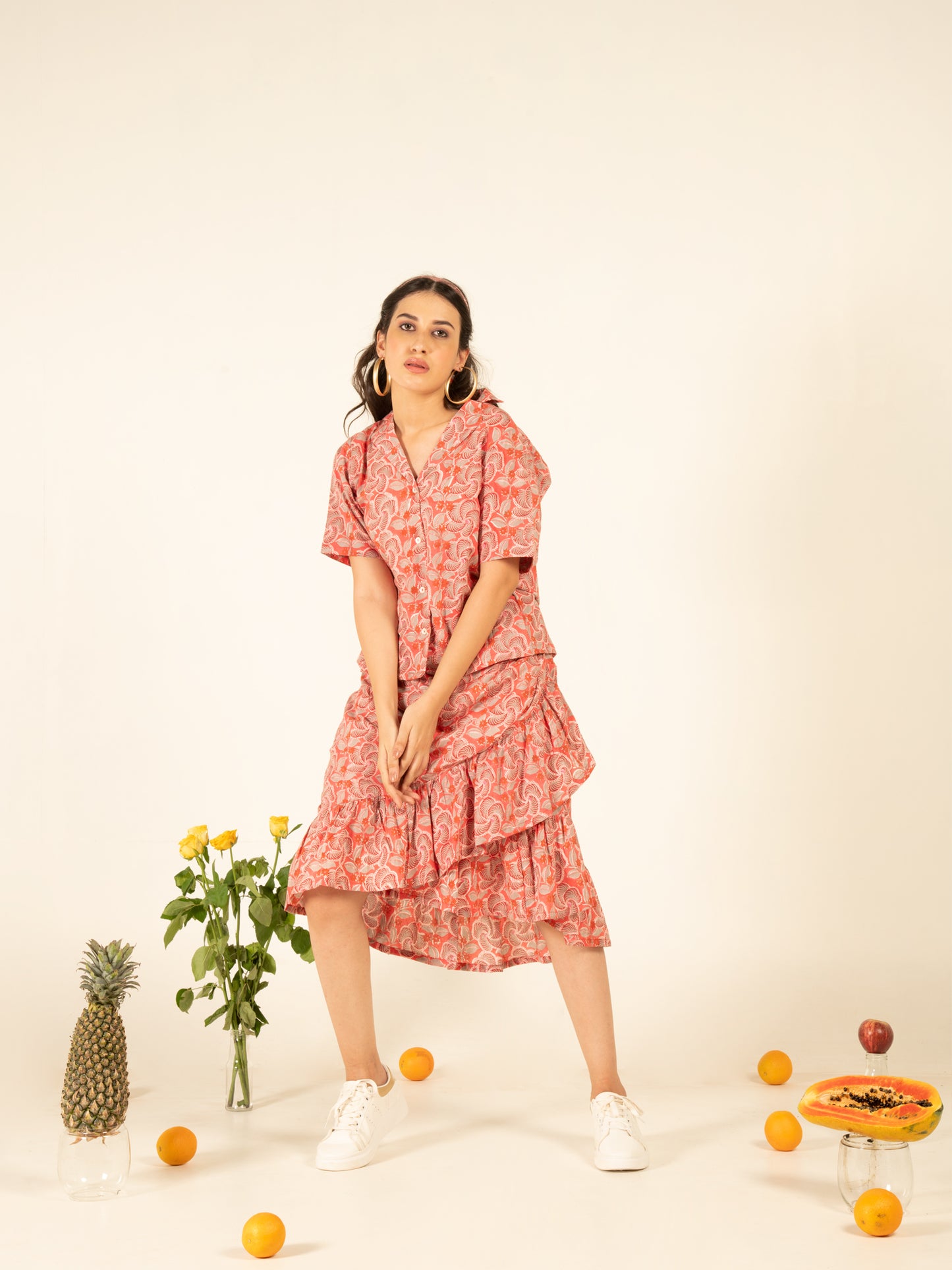 Sacha Flounce Skirt Co-ord - Multicolour Hand Block Printed Cotton Shirt Style Top And Ruffle Detailed Skirt