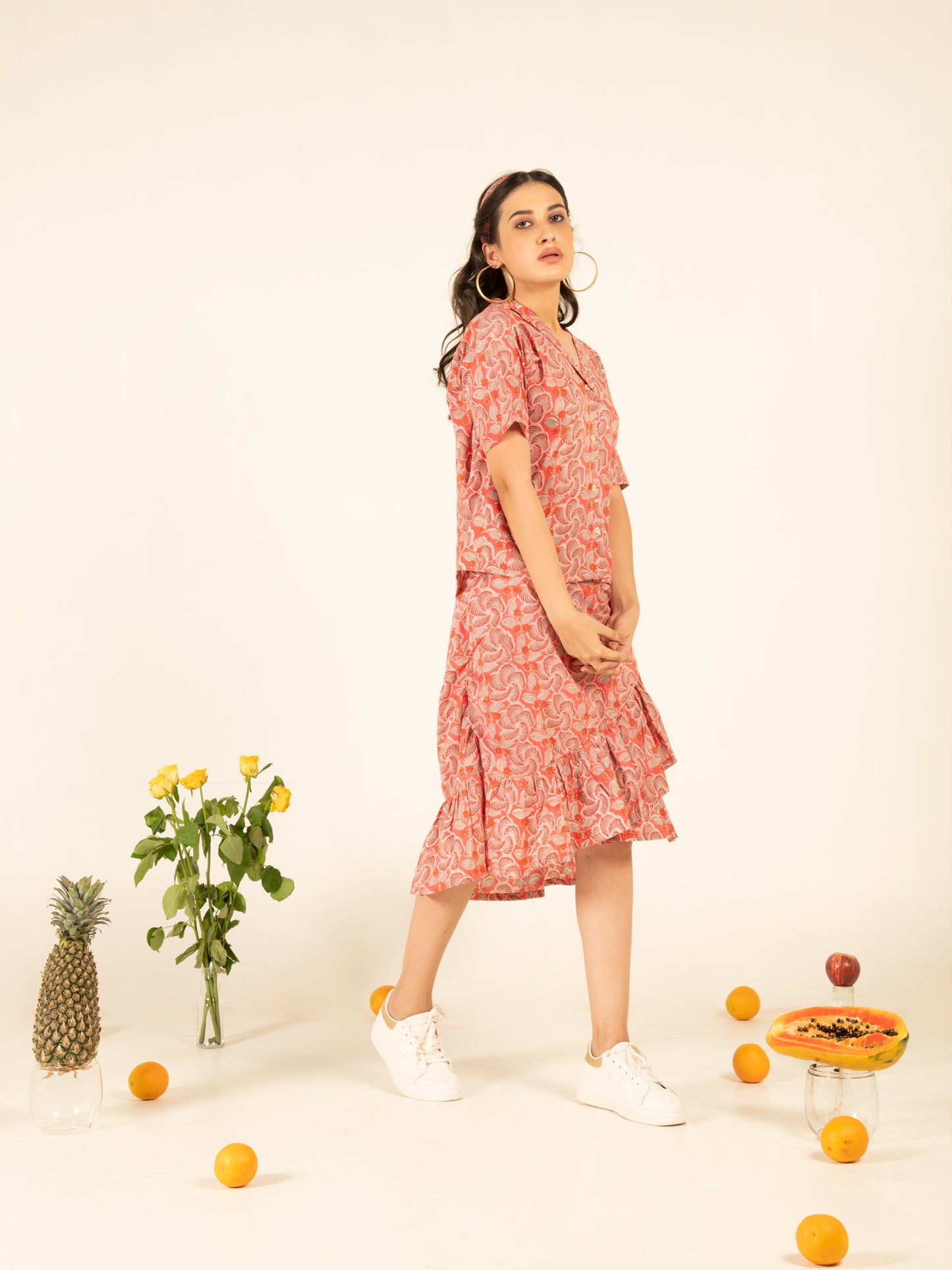 Sacha Flounce Skirt Co-ord - Multicolour Hand Block Printed Cotton Shirt Style Top And Ruffle Detailed Skirt