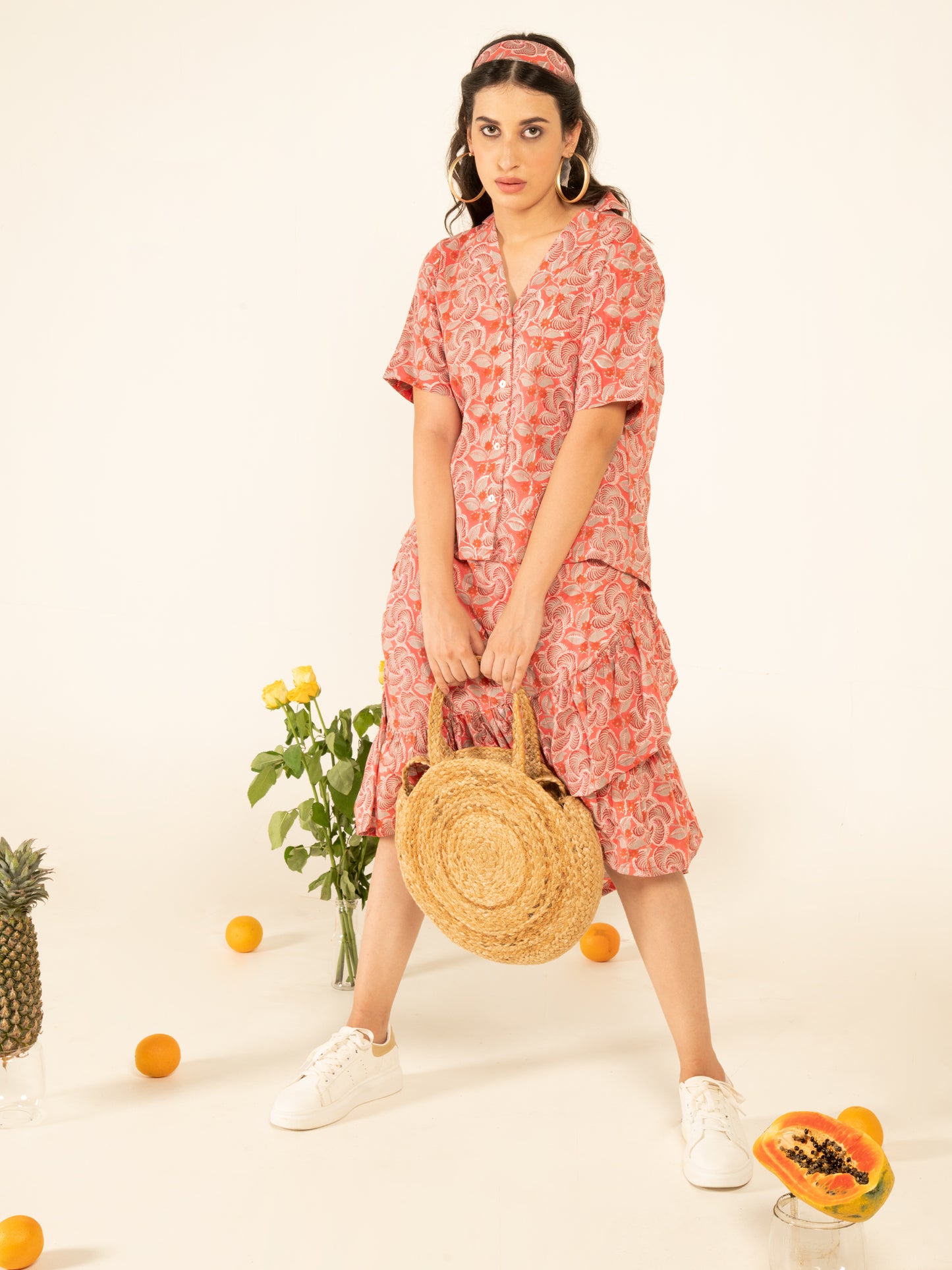 Sacha Flounce Skirt Co-ord - Multicolour Hand Block Printed Cotton Shirt Style Top And Ruffle Detailed Skirt
