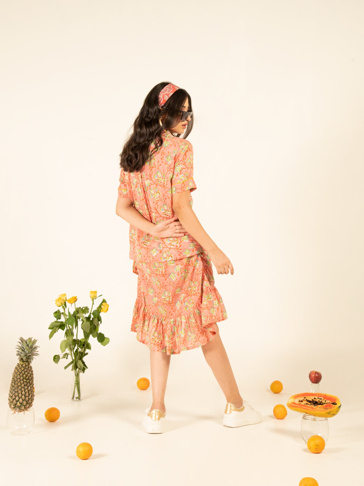 Salome Flounce Skirt Co-ord - Multicolour Hand Block Printed Cotton Shirt Style Top And Ruffle Detailed Skirt