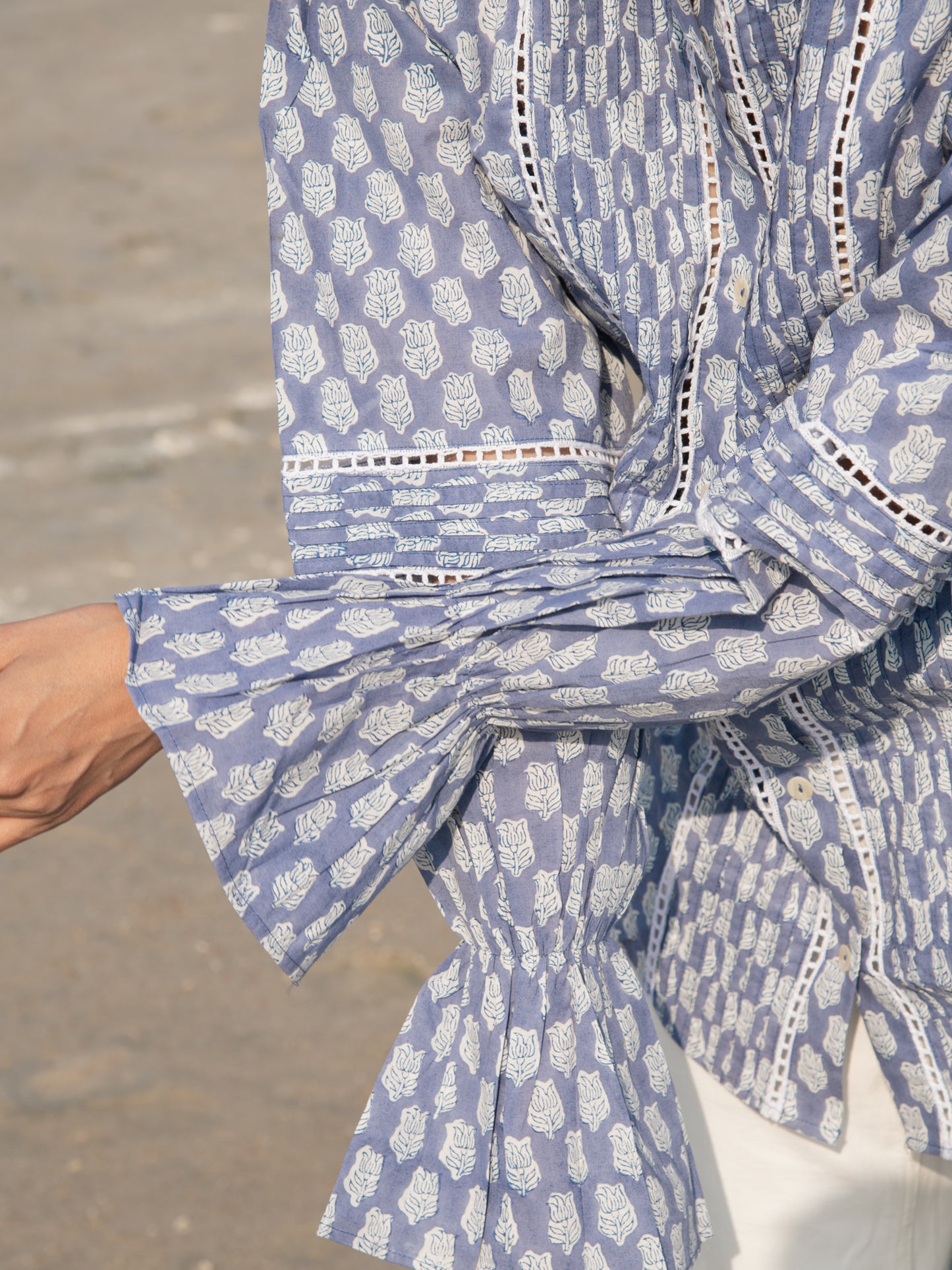 Blue Lotus Blouson Top - Blue Hand Block Printed Cotton Blouson Top