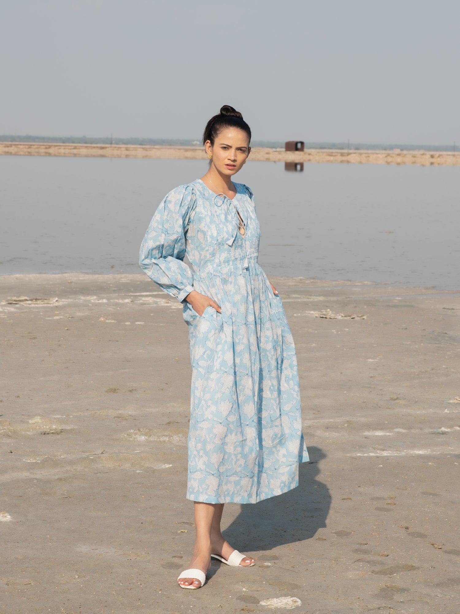 Blue Lilies Gather Dress Light Blue Hand Block Printed Cotton