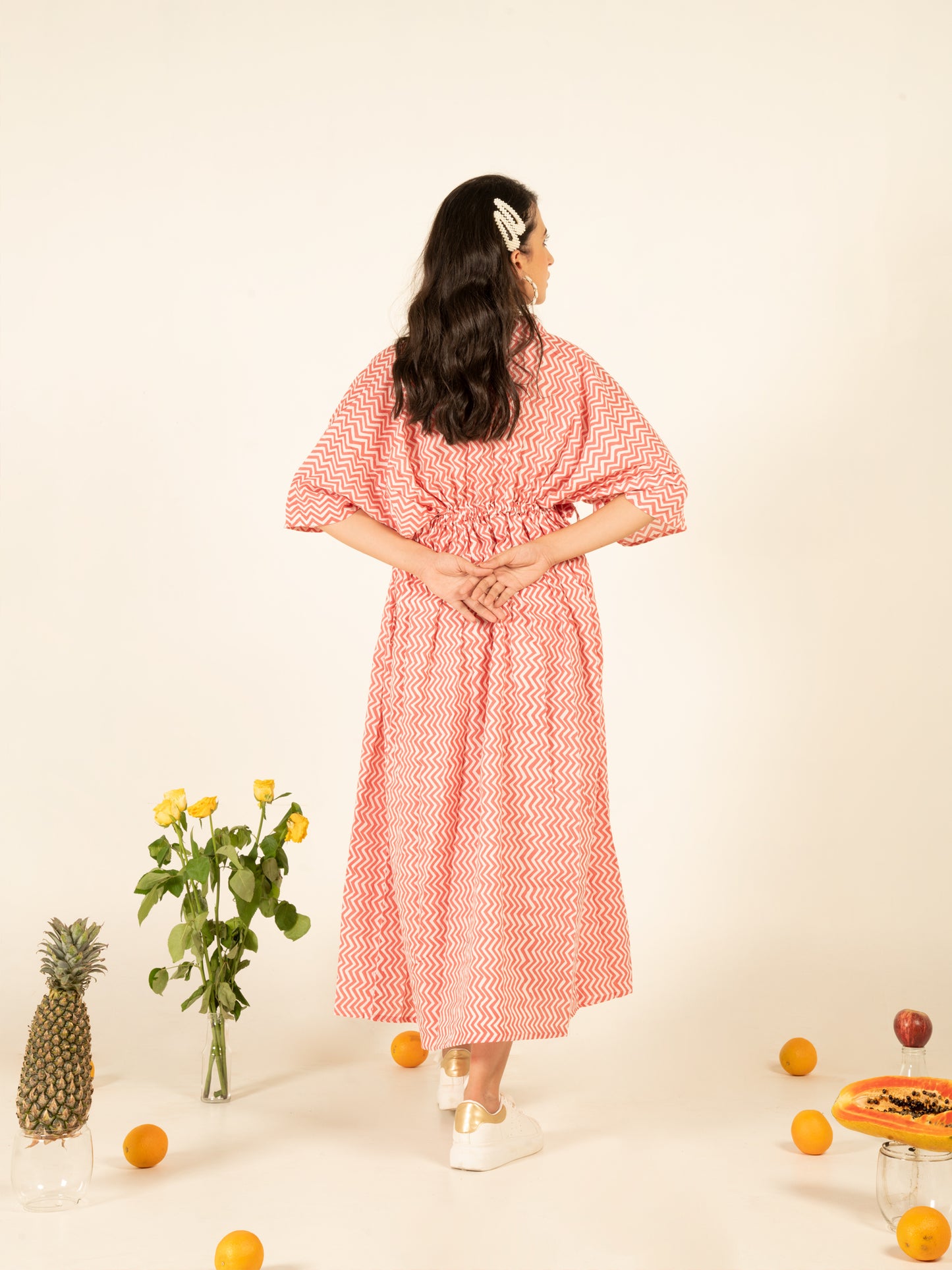 Lhea Kaftan Dress - Orange Hand Block Printed Cotton Kaftan Dress