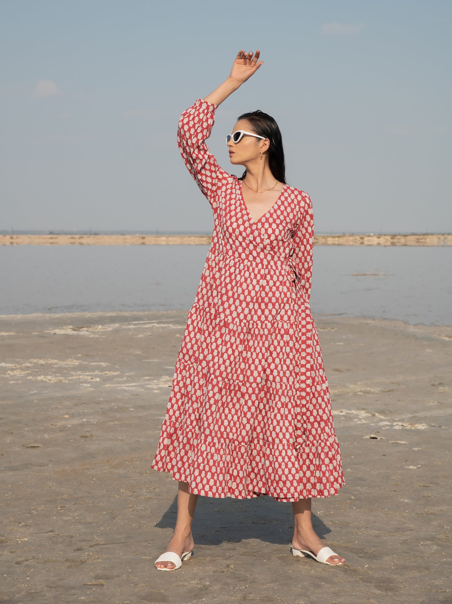 Red Lotus Tier Wrap Dress - Red Hand Block Printed Cotton Tiered Wrap Dress