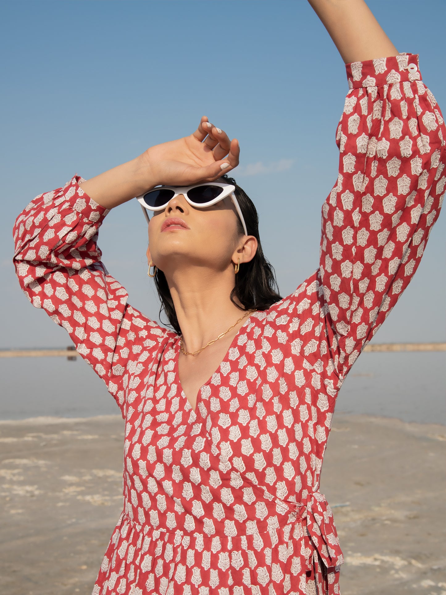Red Lotus Tier Wrap Dress - Red Hand Block Printed Cotton Tiered Wrap Dress