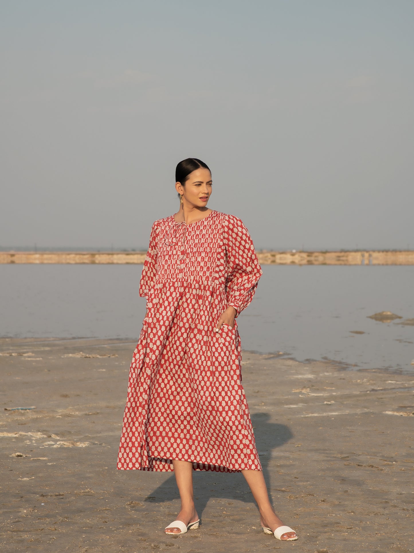 Red Lotus Gather Dress - Red Hand Block Printed Cotton Dress