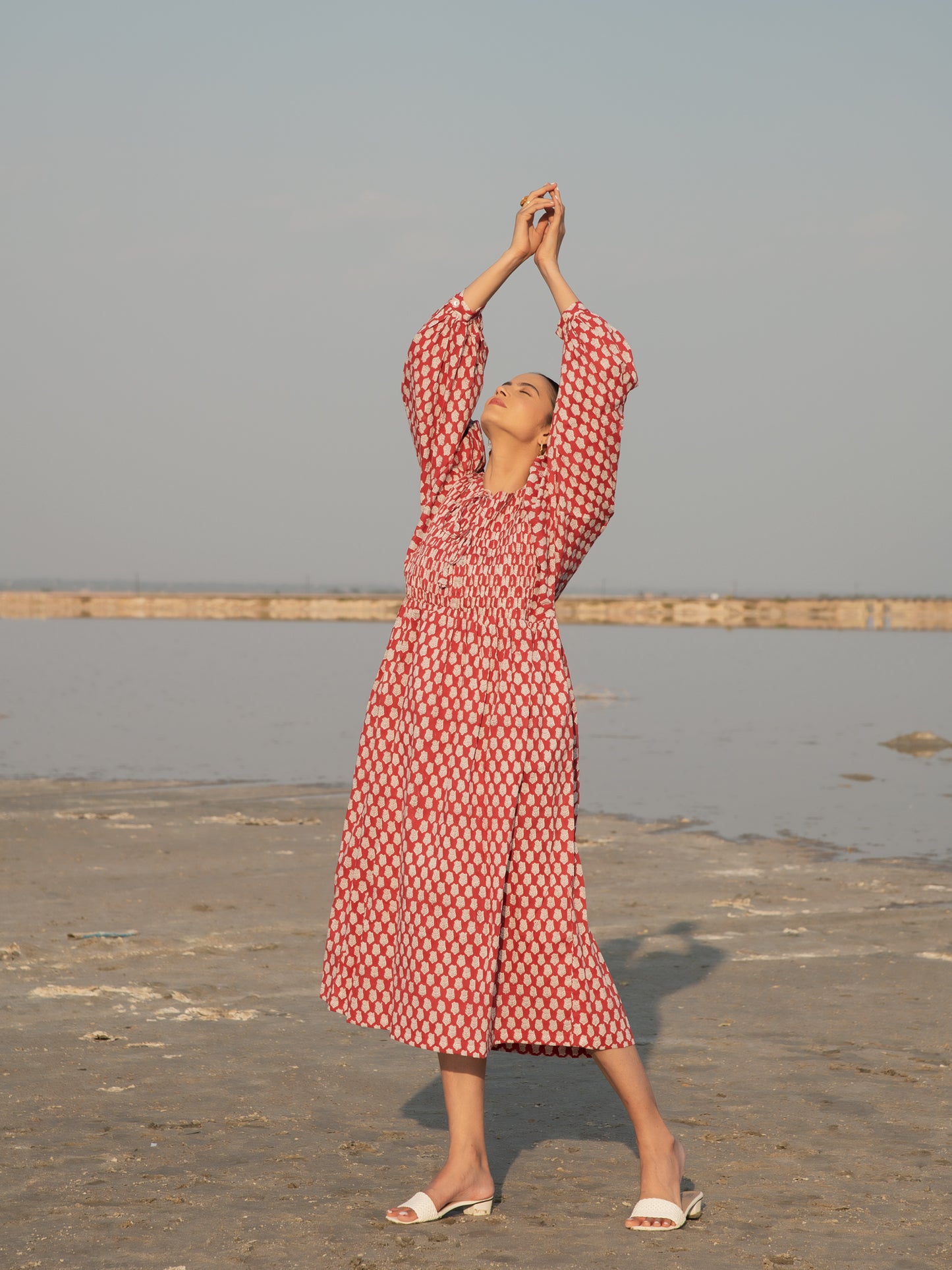 Red Lotus Gather Dress - Red Hand Block Printed Cotton Dress