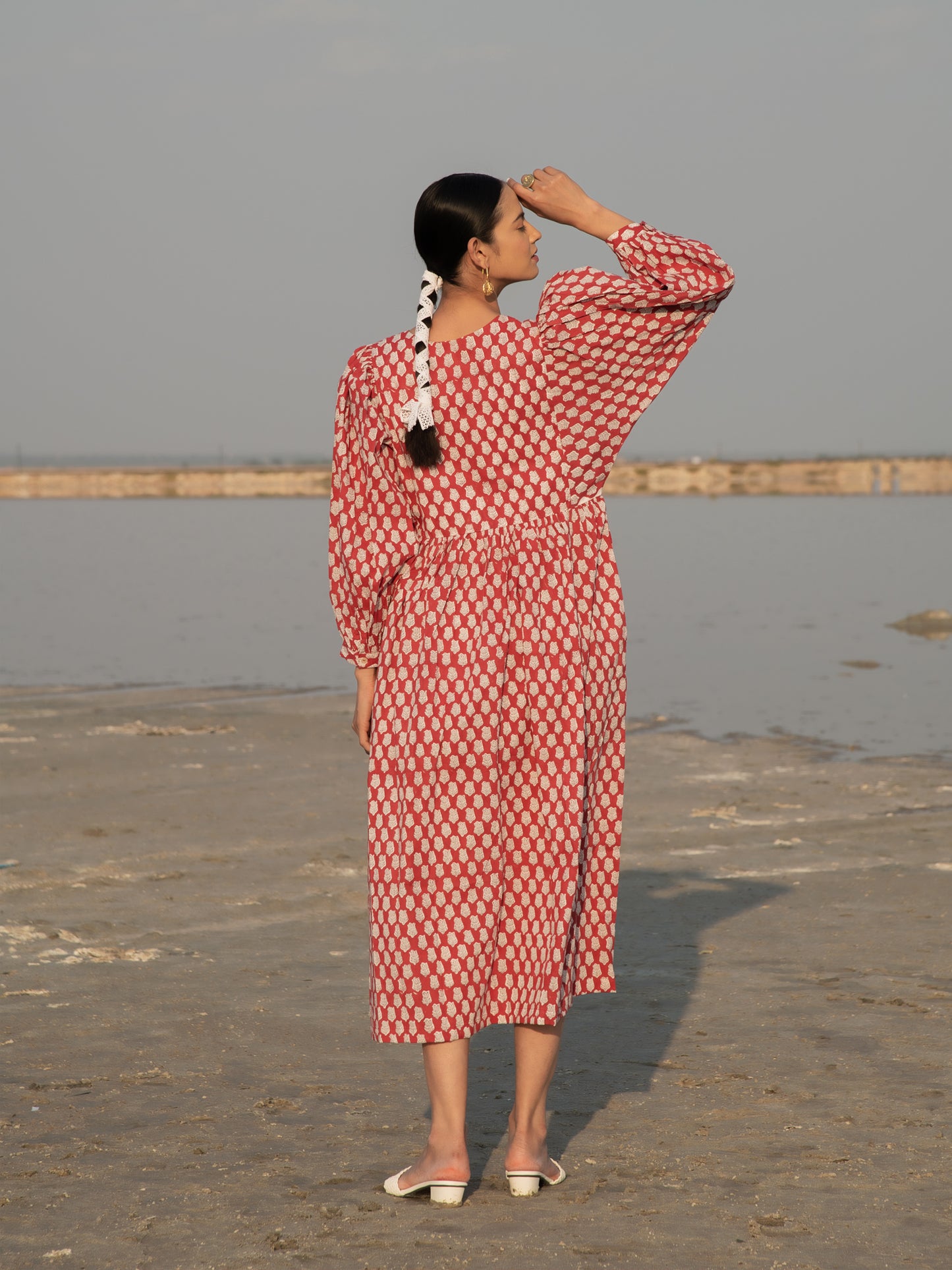 Red Lotus Gather Dress - Red Hand Block Printed Cotton Dress