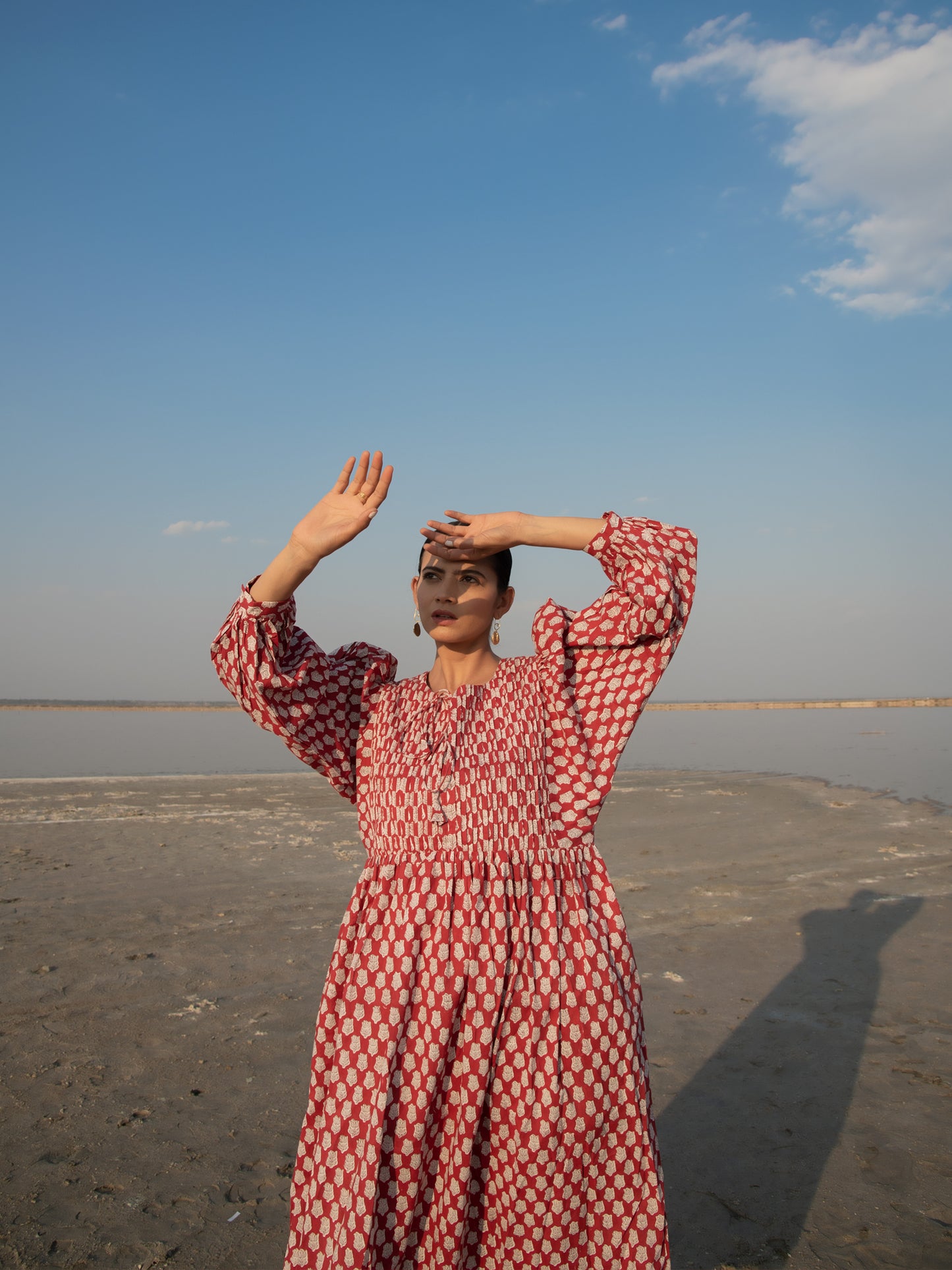 Red Lotus Gather Dress - Red Hand Block Printed Cotton Dress