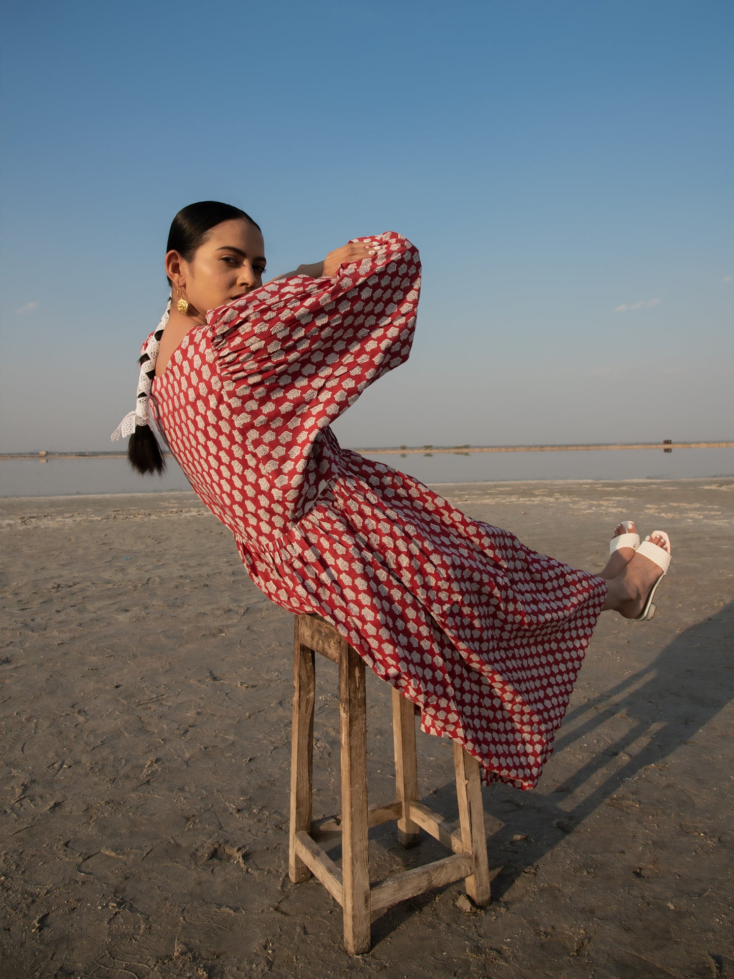 Red Lotus Gather Dress - Red Hand Block Printed Cotton Dress