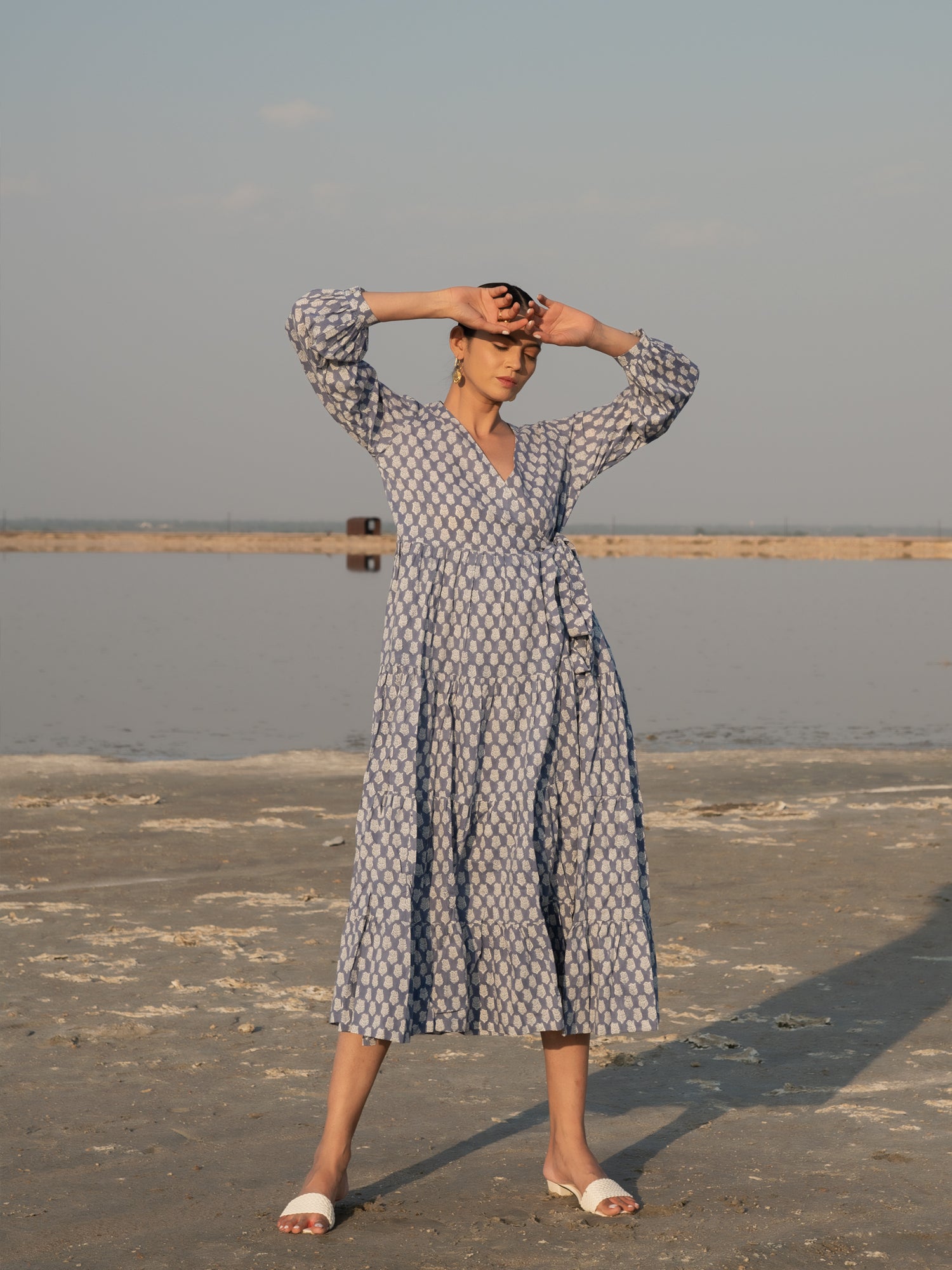 Blue Lotus Tier Wrap Dress - Blue Cotton Hand Block Printed Wrap Dress Marche Blue Lotus Tier Wrap Dress - Blue Cotton Hand Block Printed Wrap Dress Marche