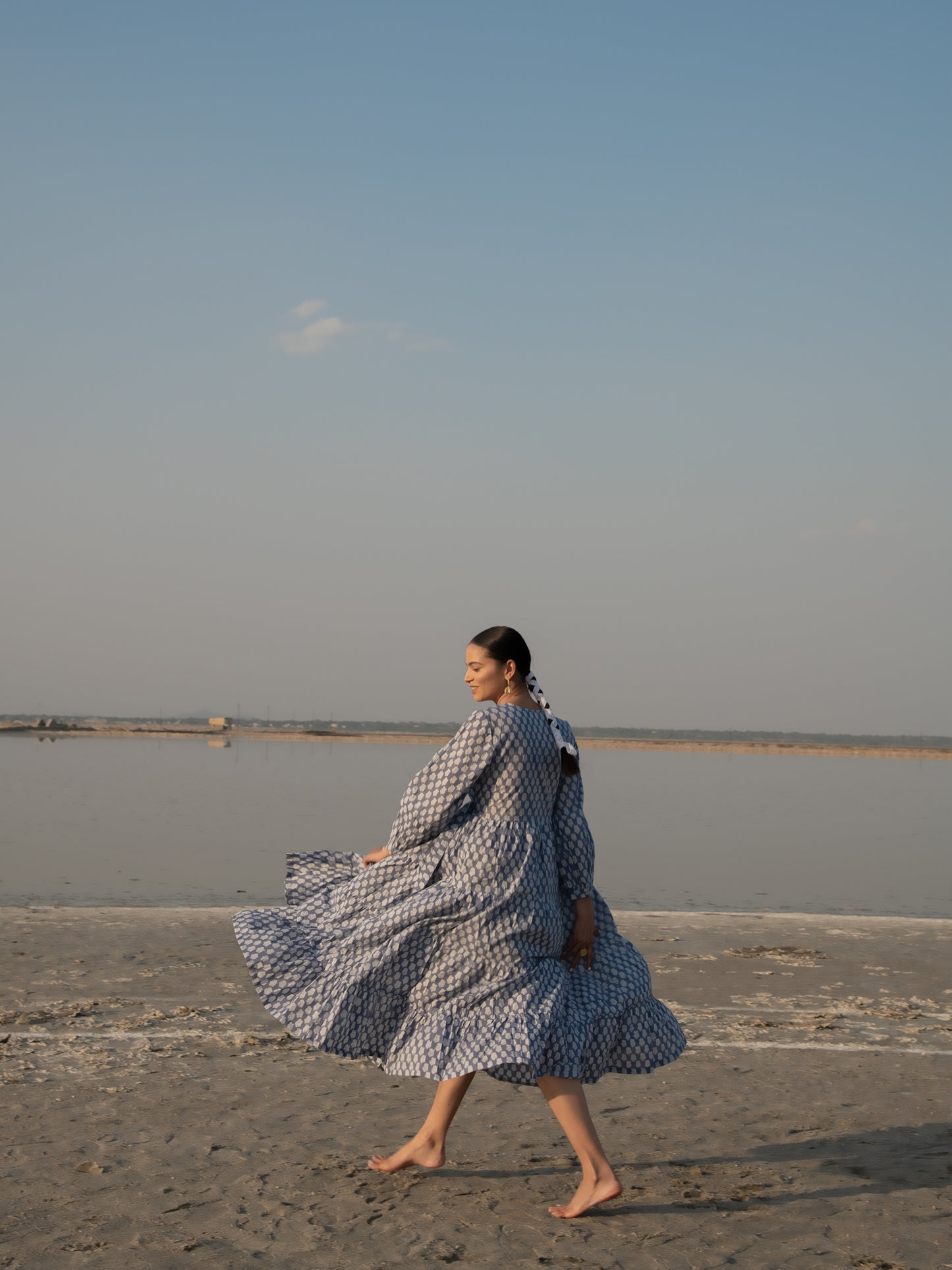 Blue Lotus Tier Wrap Dress - Blue Cotton Hand Block Printed Wrap Dress