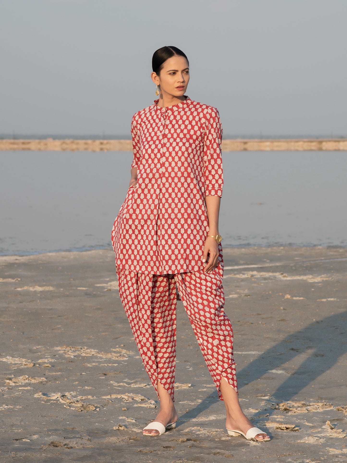 Red Lotus Dhoti Co-Ord Set - Red Hand Block Printed Cotton Dhoti Co-ord Set