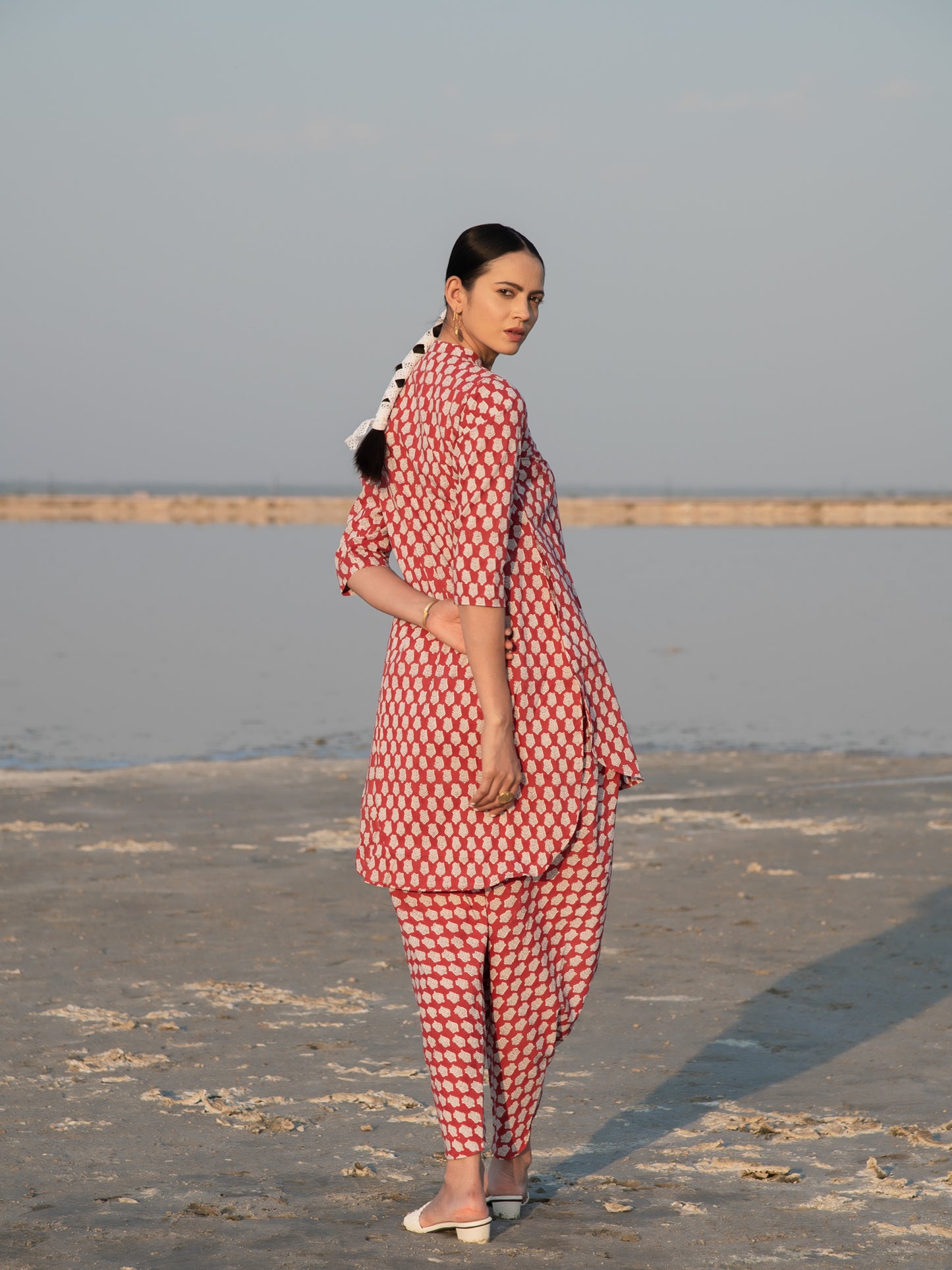 Red Lotus Dhoti Co-Ord Set - Red Hand Block Printed Cotton Dhoti Co-ord Set