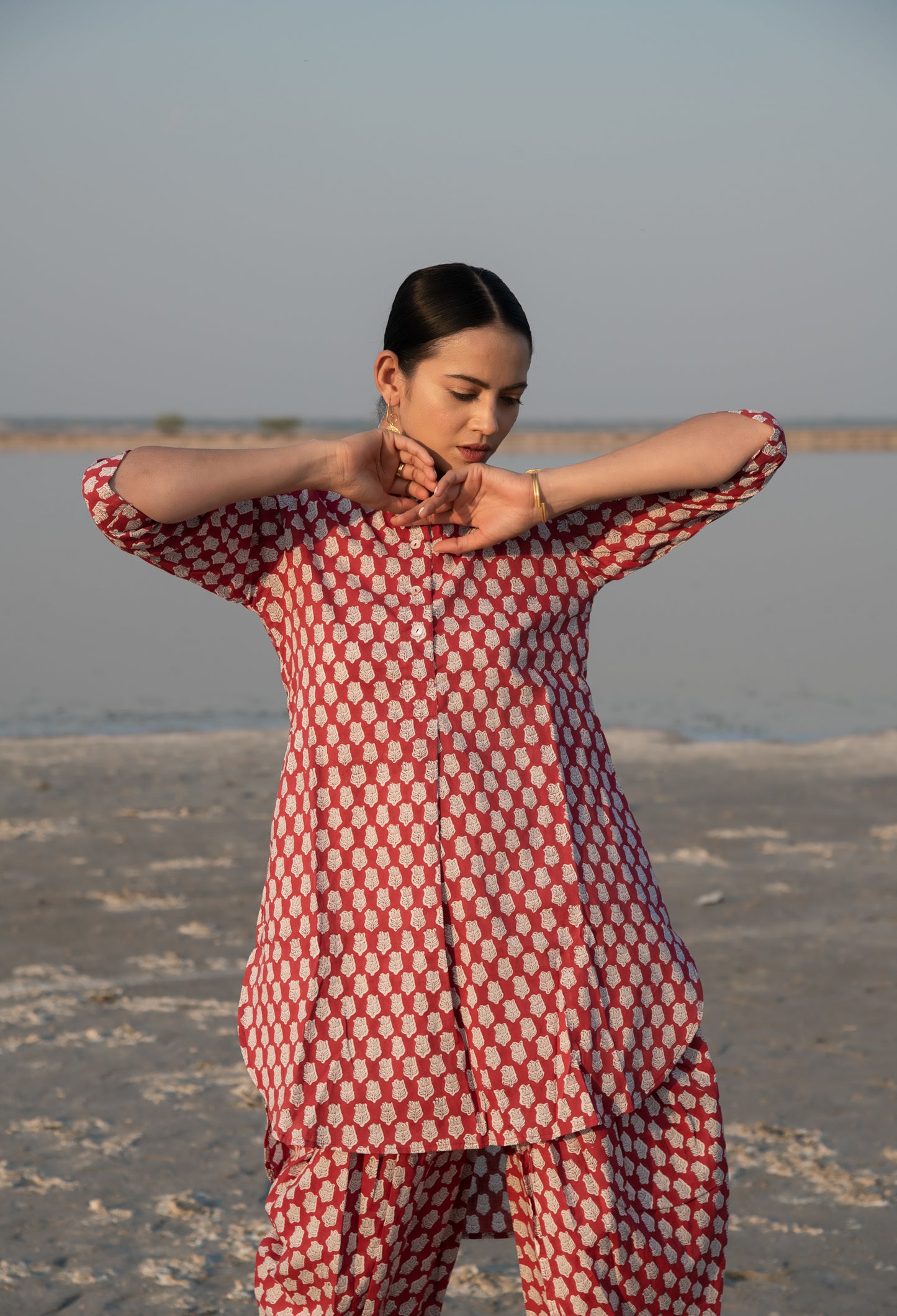 Red Lotus Dhoti Co-Ord Set - Red Hand Block Printed Cotton Dhoti Co-ord Set