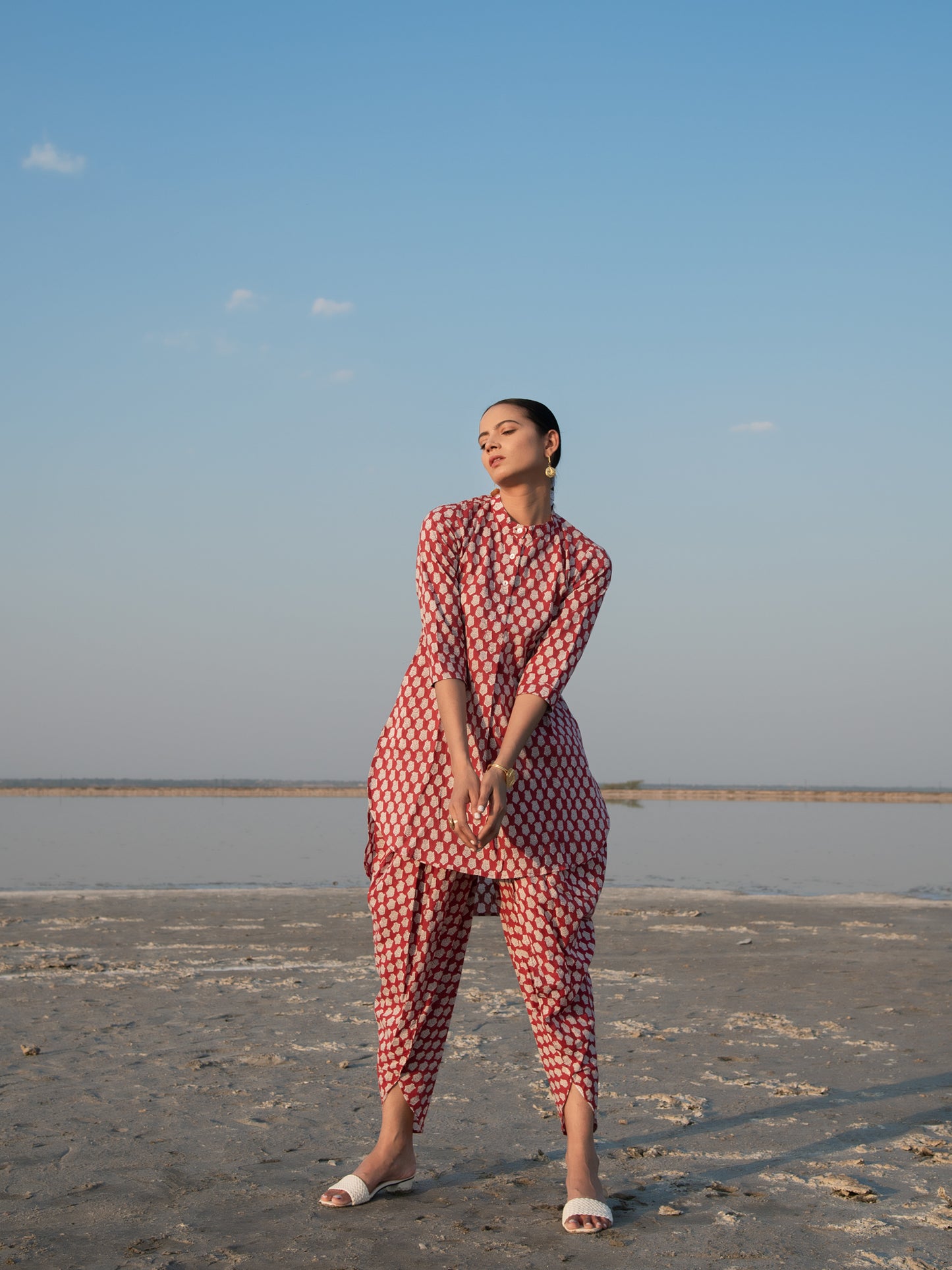 Red Lotus Dhoti Co-Ord Set - Red Hand Block Printed Cotton Dhoti Co-ord Set