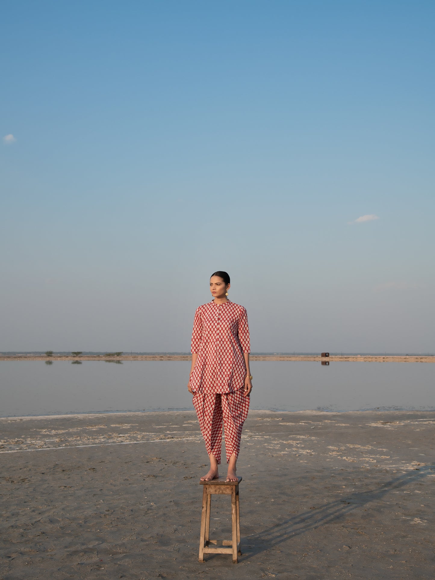 Red Lotus Dhoti Co-Ord Set - Red Hand Block Printed Cotton Dhoti Co-ord Set