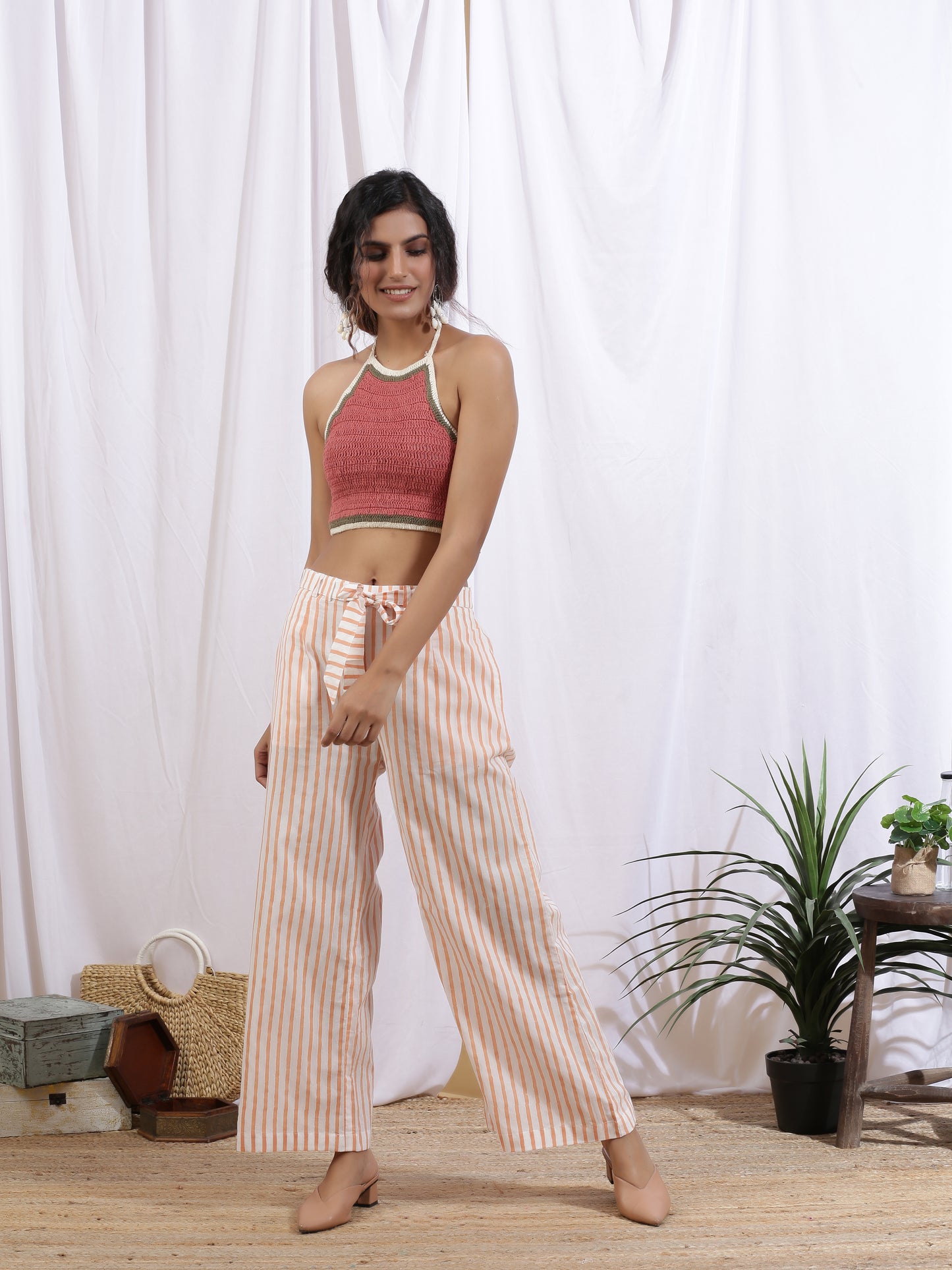 Mangue Stripe Pants - Yellow & White Hand Block Printed Cotton Pants With Tie Knot
