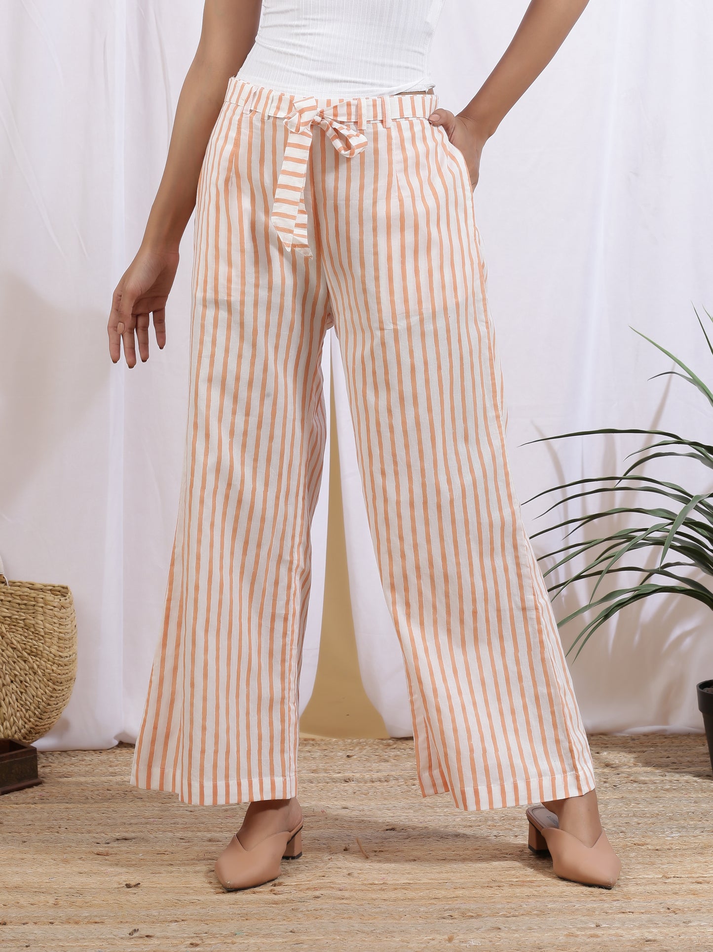 Mangue Stripe Pants - Yellow & White Hand Block Printed Cotton Pants With Tie Knot