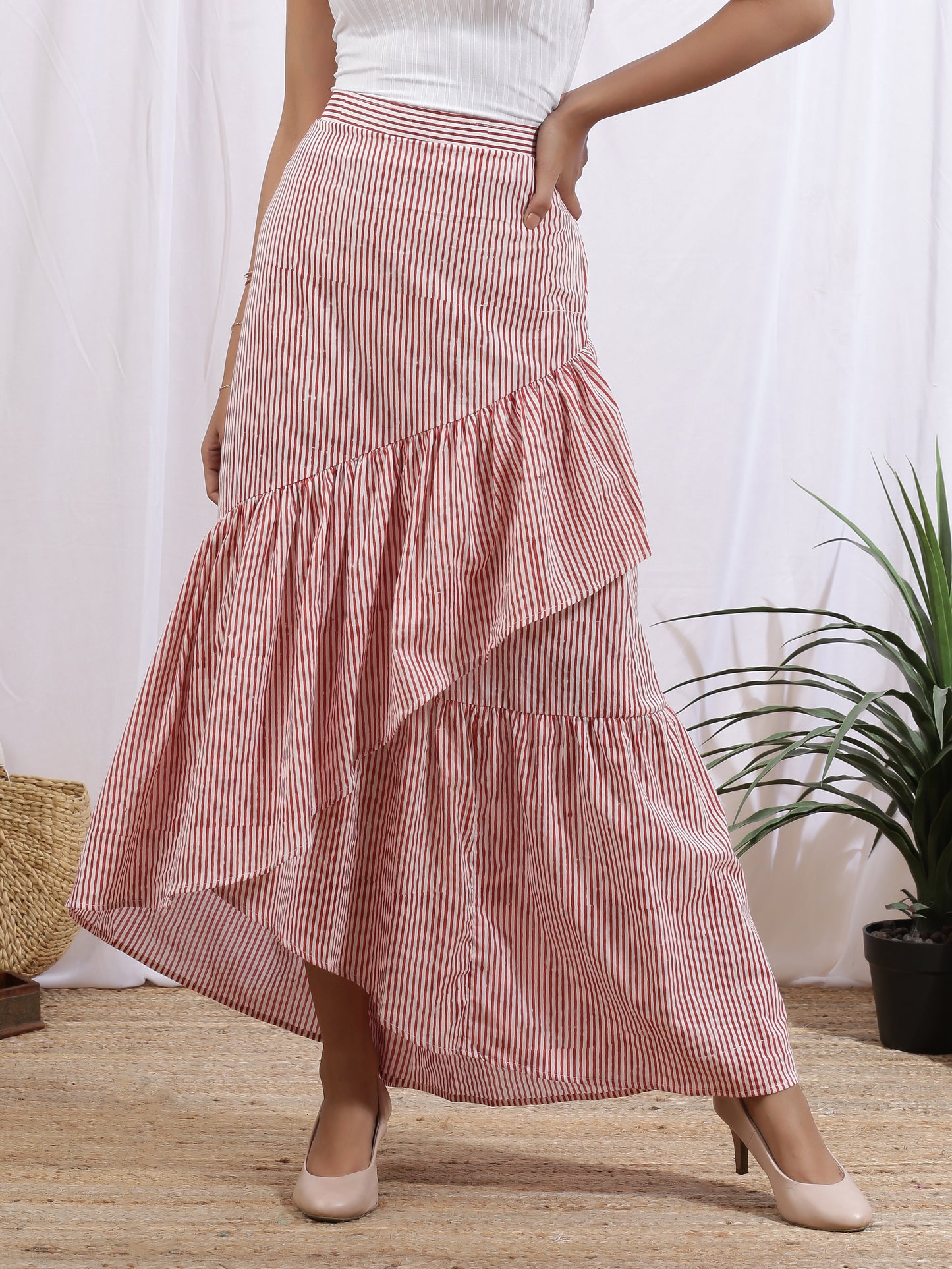 Rouge Skirt - Red Hand Block Printed Cotton Ruffle Skirt