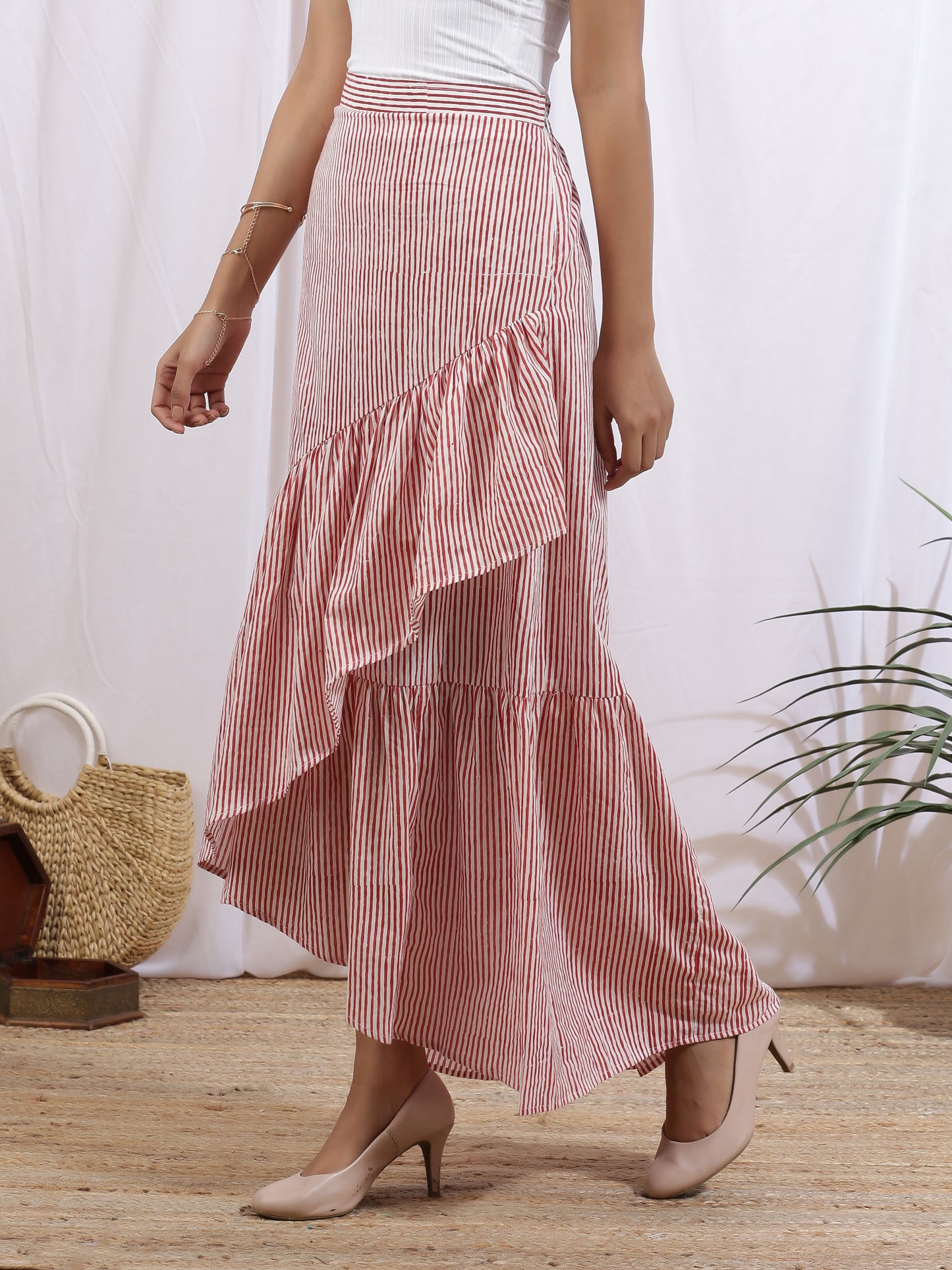 Rouge Skirt - Red Hand Block Printed Cotton Ruffle Skirt