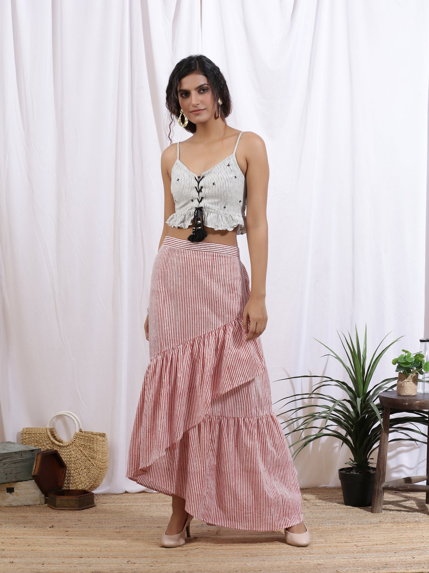 Rouge Skirt - Red Hand Block Printed Cotton Ruffle Skirt