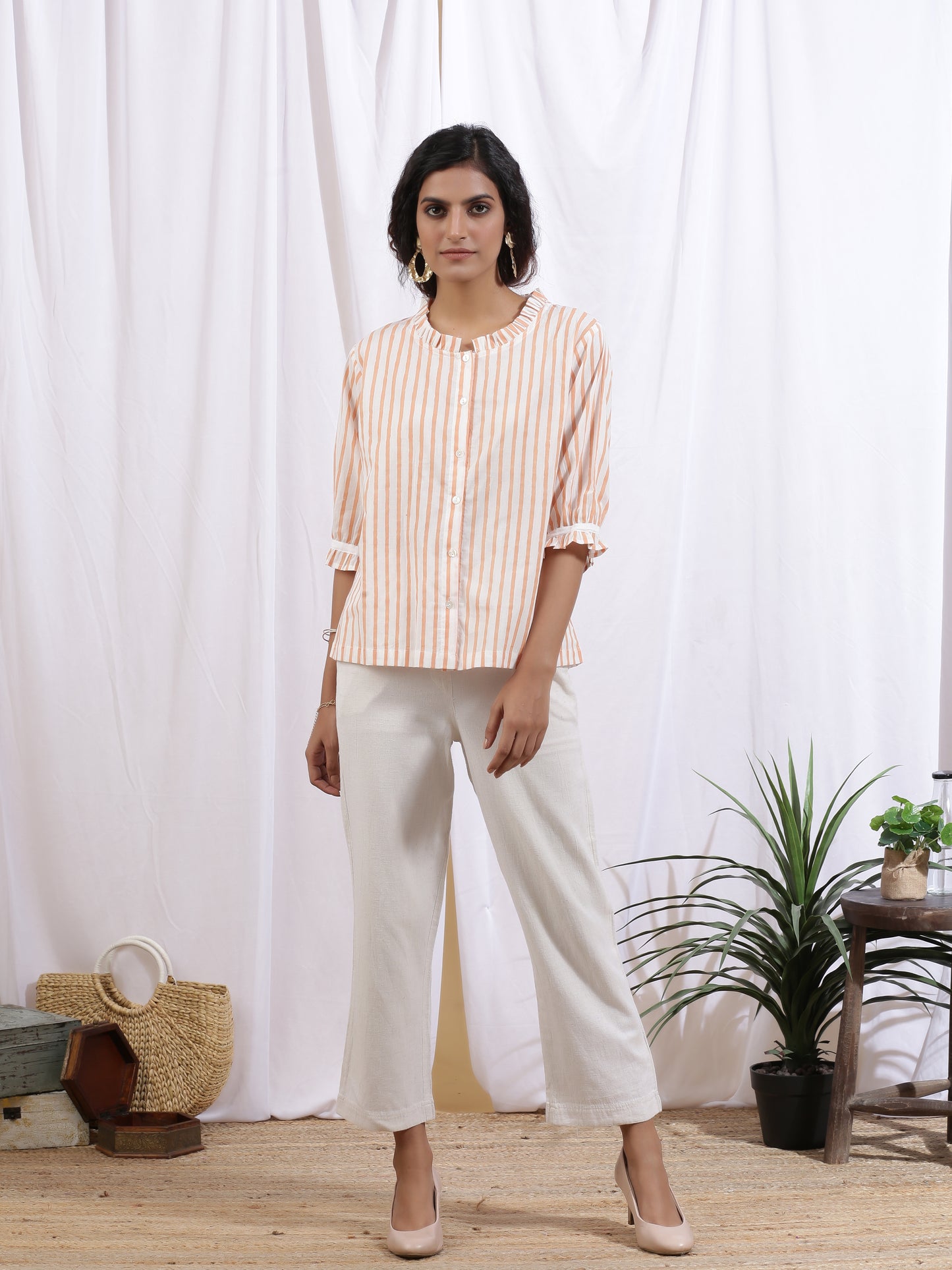 Mangue Blouse - Yellow & White Hand Block Printed Cotton Top With Frill Detailing