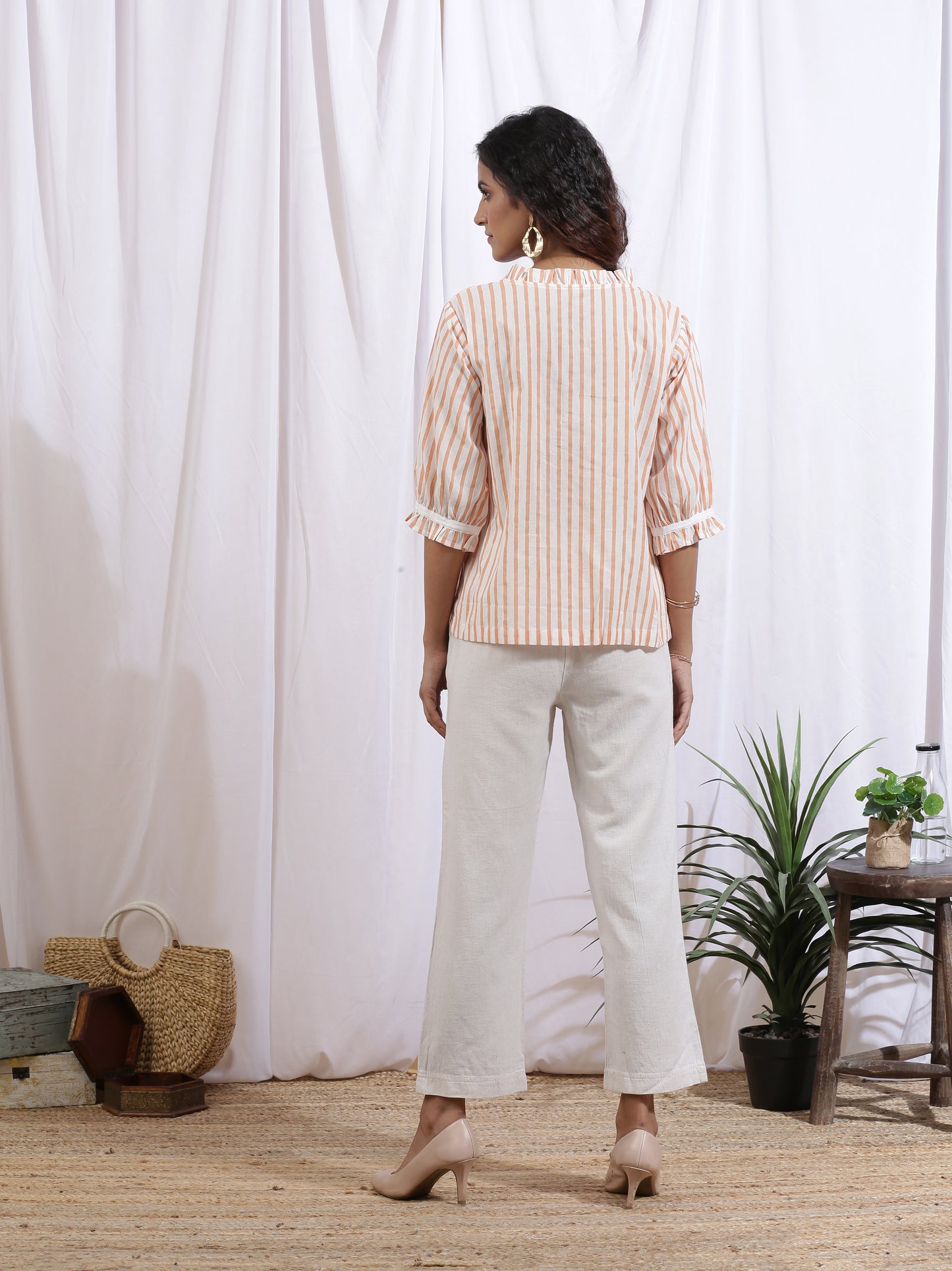 Mangue Blouse - Yellow & White Hand Block Printed Cotton Top With Frill Detailing