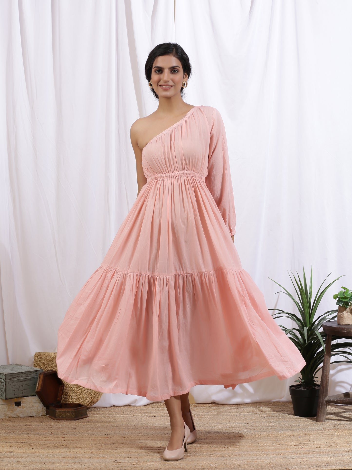 Pêche Dress - Peach Cotton One Shoulder Tier Dress