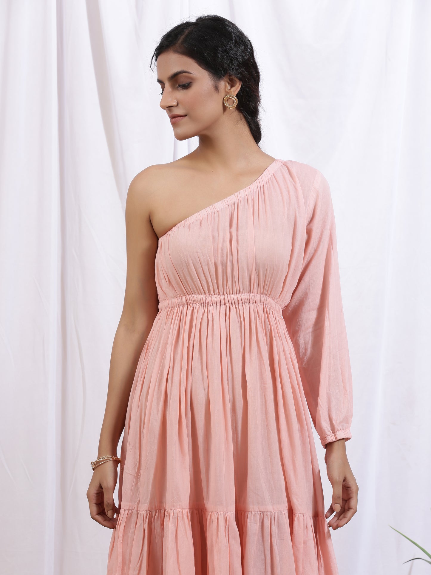 Pêche Dress - Peach Cotton One Shoulder Tier Dress