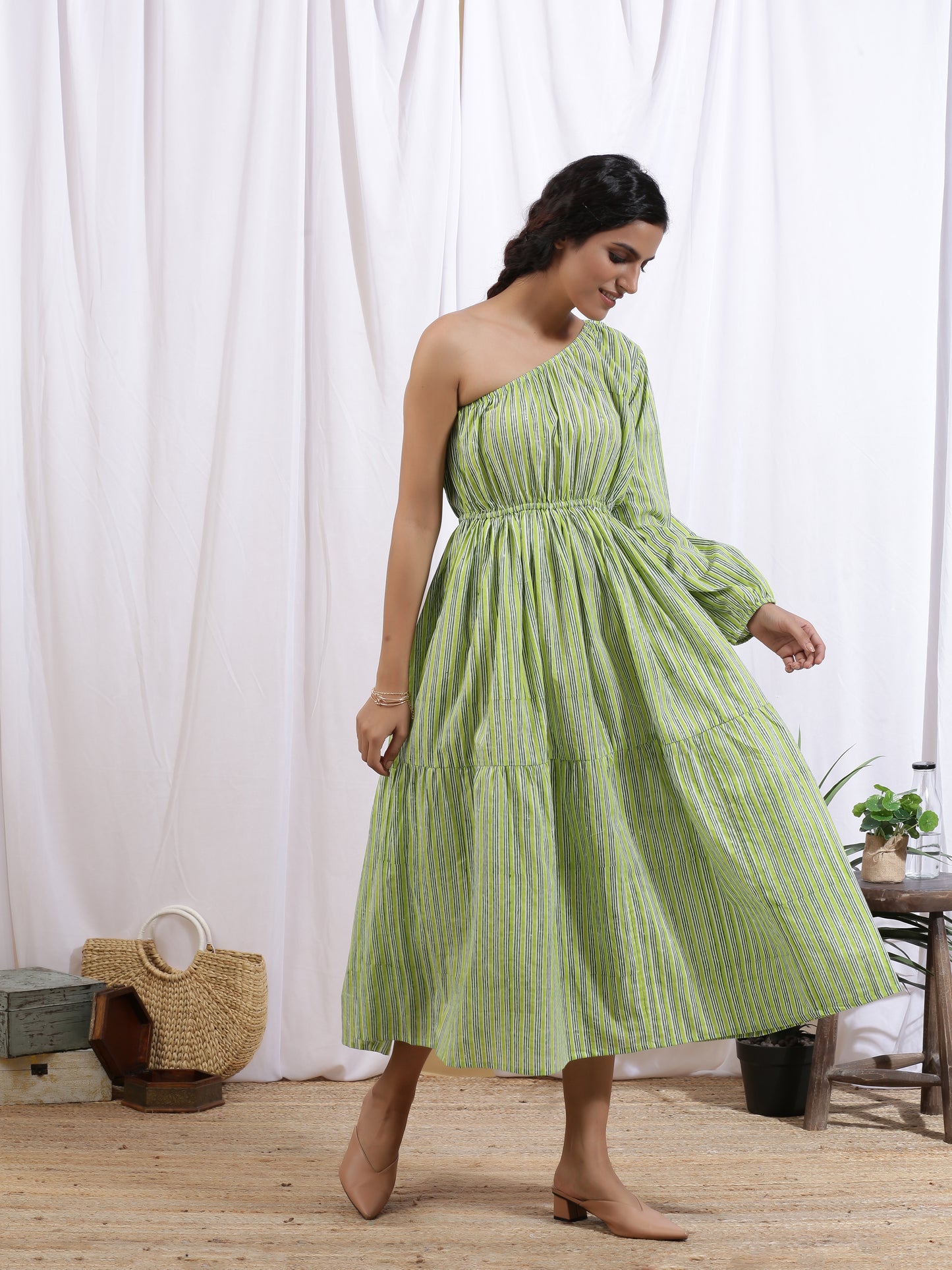 Forêt Dress - Green Cotton One Shoulder Hand Block Printed Tier Dress