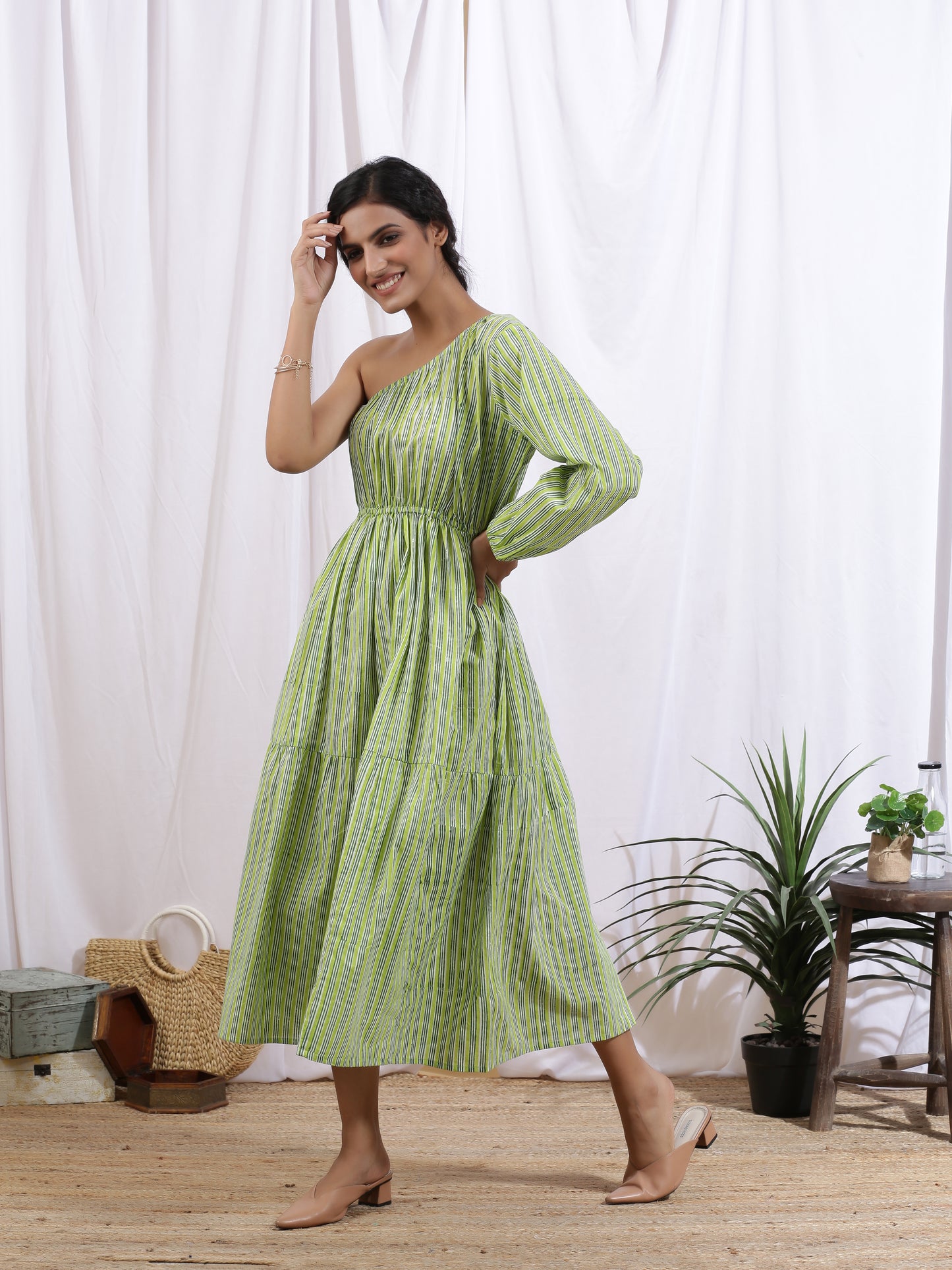 Forêt Dress - Green Cotton One Shoulder Hand Block Printed Tier Dress