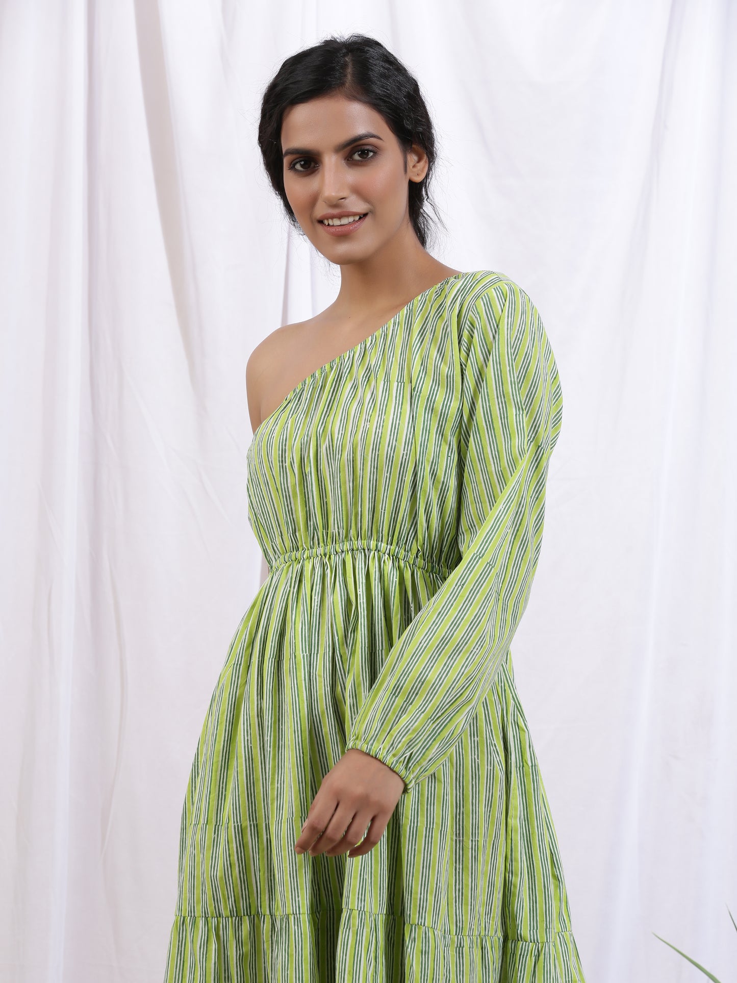Forêt Dress - Green Cotton One Shoulder Hand Block Printed Tier Dress