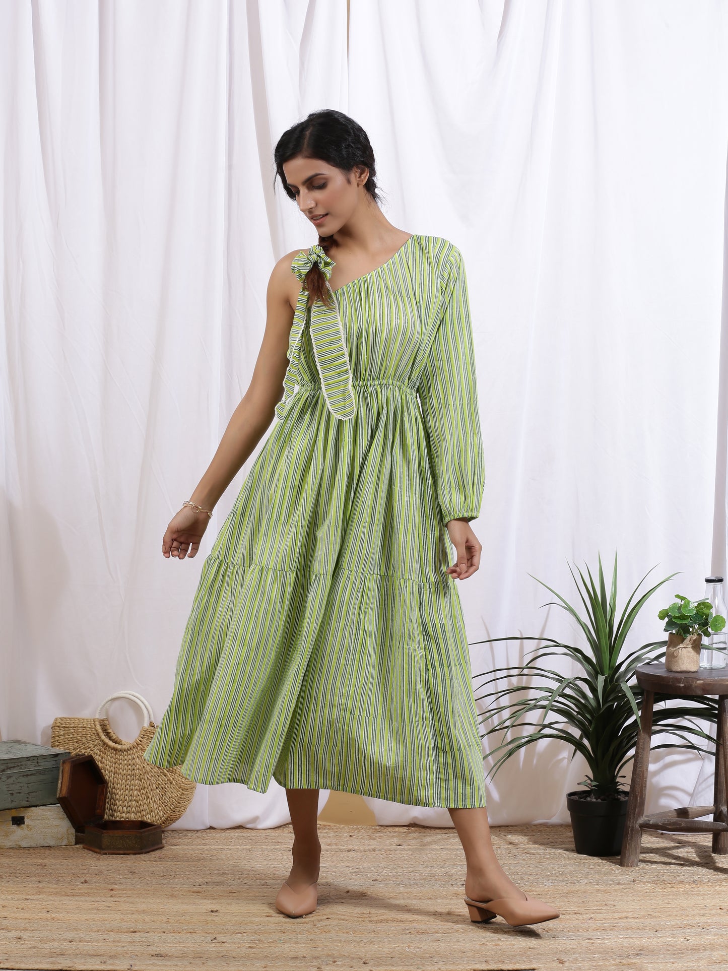 Forêt Dress - Green Cotton One Shoulder Hand Block Printed Tier Dress