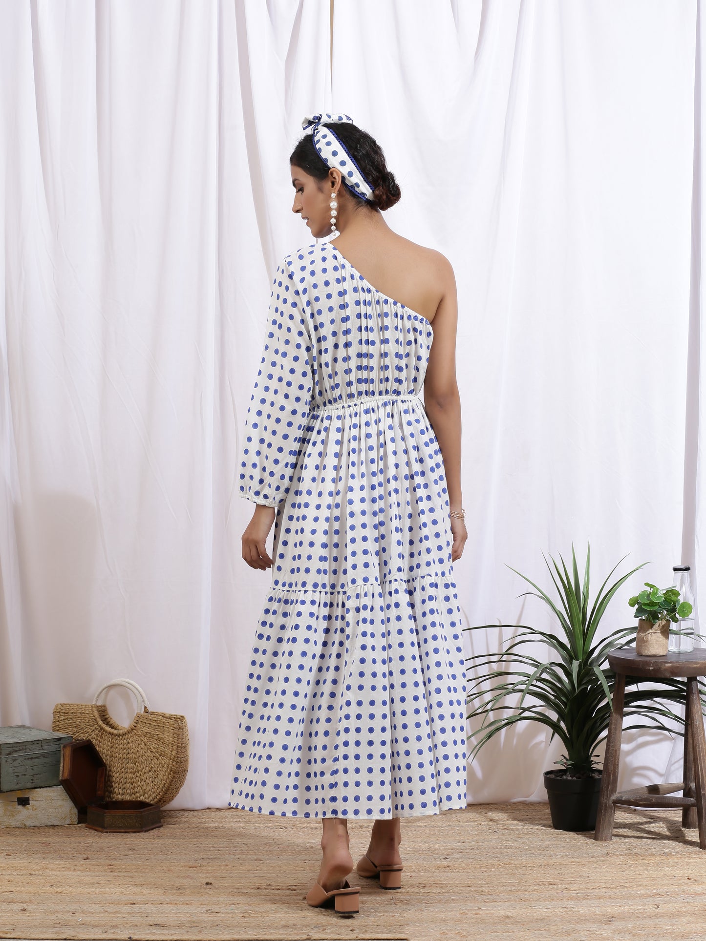 Love Me Polka Dress - White Hand Block Printed Polka One Shoulder Tier Dress