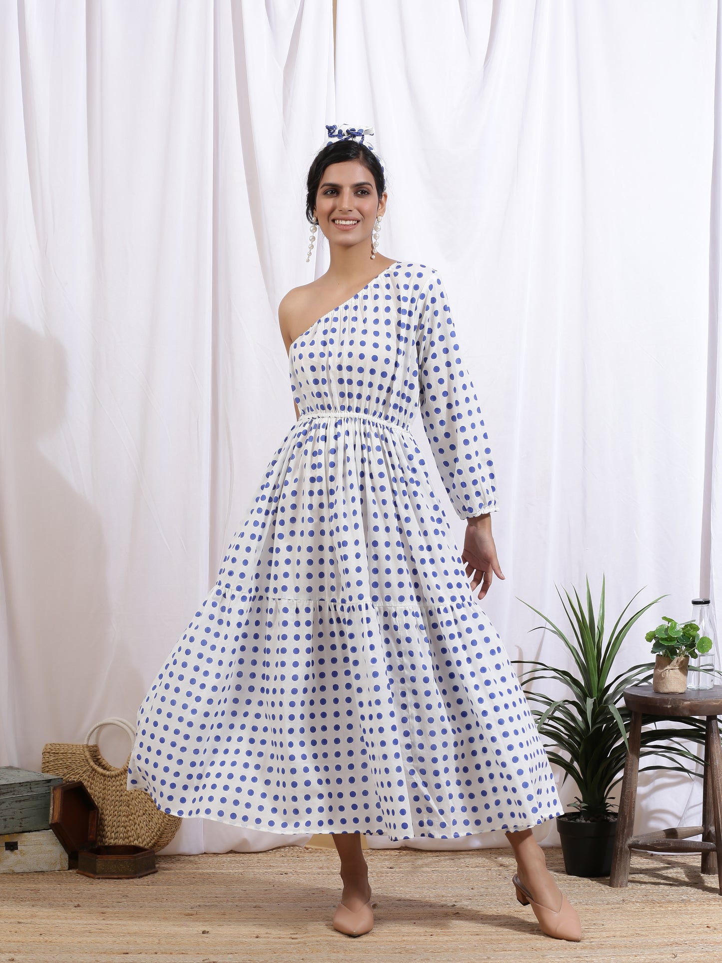 Love Me Polka Dress - White Hand Block Printed Polka One Shoulder Tier Dress