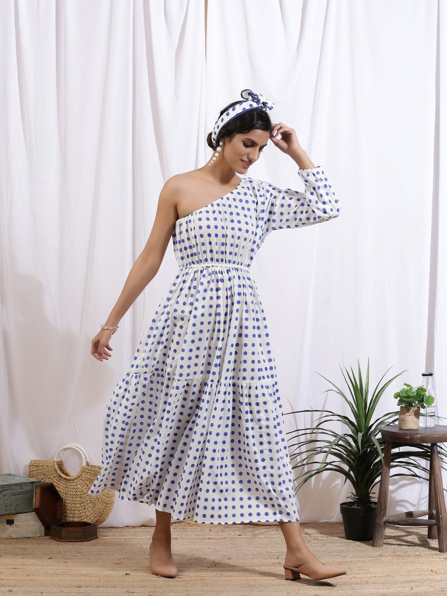 Love Me Polka Dress - White Hand Block Printed Polka One Shoulder Tier Dress