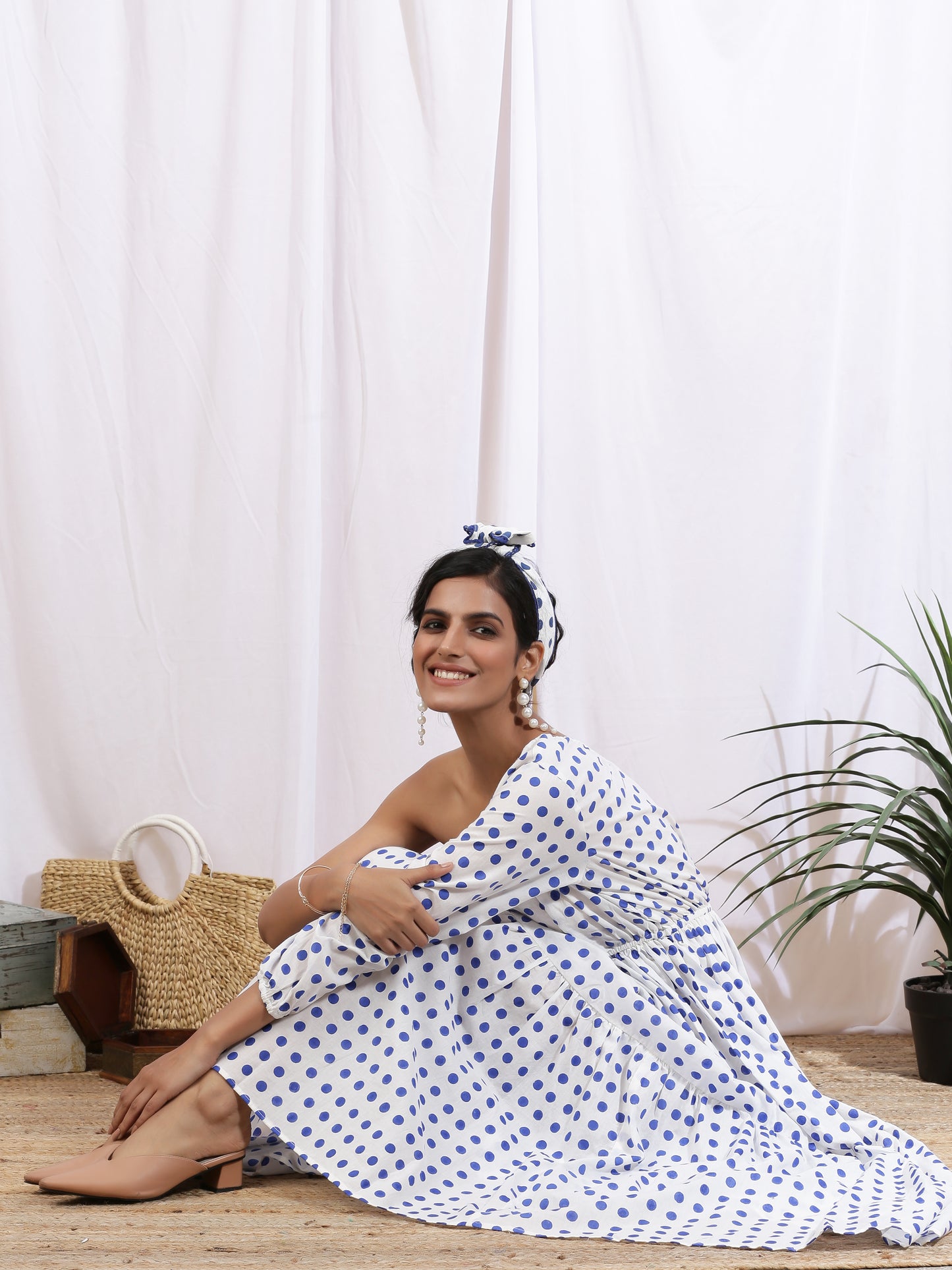 Love Me Polka Dress - White Hand Block Printed Polka One Shoulder Tier Dress